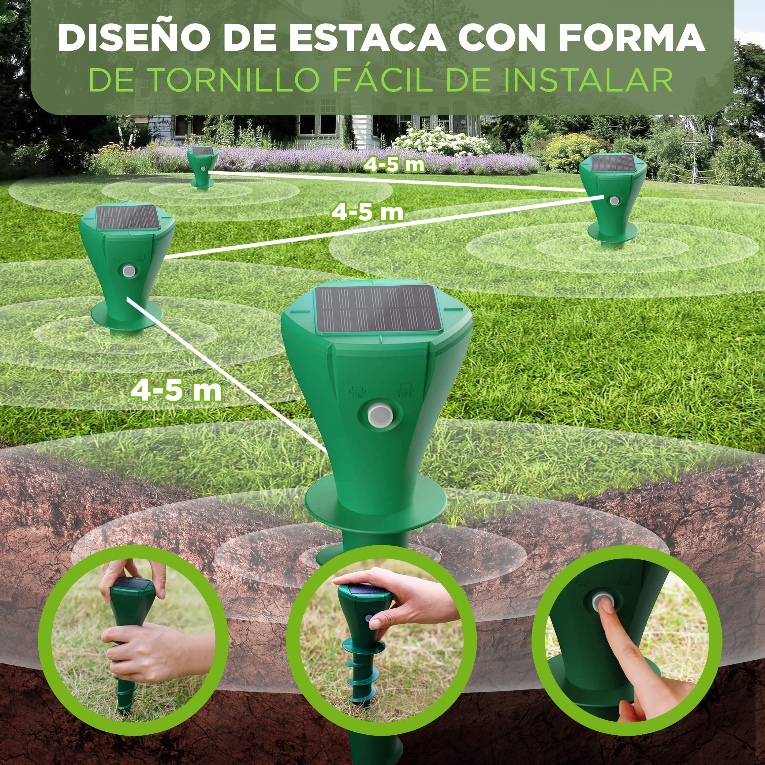 ISOTRONIC Repelente Solar para Topos, topillos y Serpientes – Incluye estaca para el Suelo – Alcance Efectivo de 700 m² (4 Unidades)