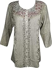 Women's Green Hippie Top with Flower Embroidery Long Sleeves Tunic Blouse S