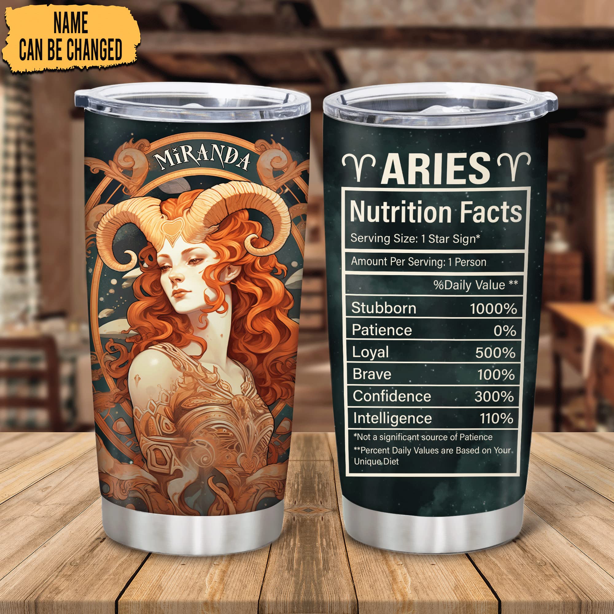 Hyturtle Personalized Aries Tumbler Gifts for Women - Birthday Gifts for Aries Zodiac Sign - Astrology Gifts - Constellation Tumbler - Aries Nutrition Facts Custom Name 20oz Stainless Steel Tumbler