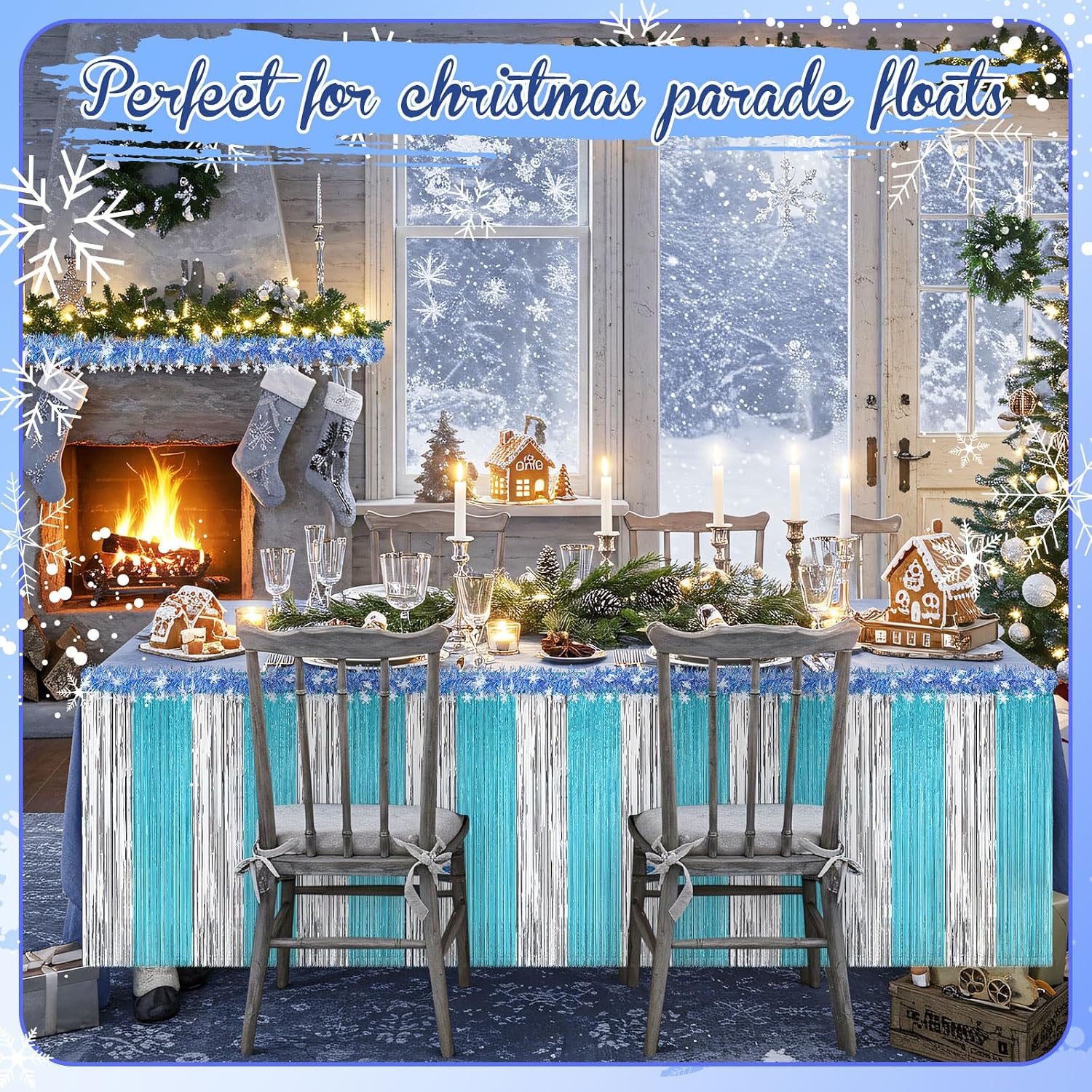 Crowye Christmas Parade Float Decoration Car Parade Decor Include 9 x 2.5 ft Foil Fringe Table Skirt and 6.56 x 0.3 ft Foil Fringe Garland(Blue, Silver,Snowflake)