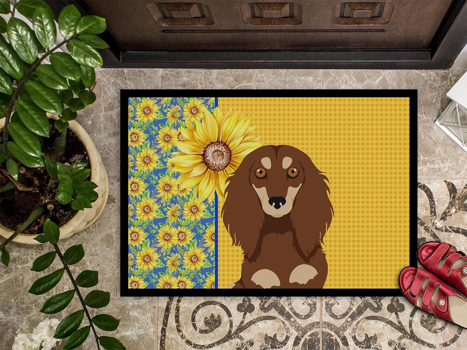 Caroline's Treasures WDK5388MAT Summer Sunflowers Longhair Chocolate and Cream Dachshund Doormat 18x27 Front Door Mat Indoor Outdoor Rugs for Entryway, Non Slip Washable Low Pile, 18H X 27W