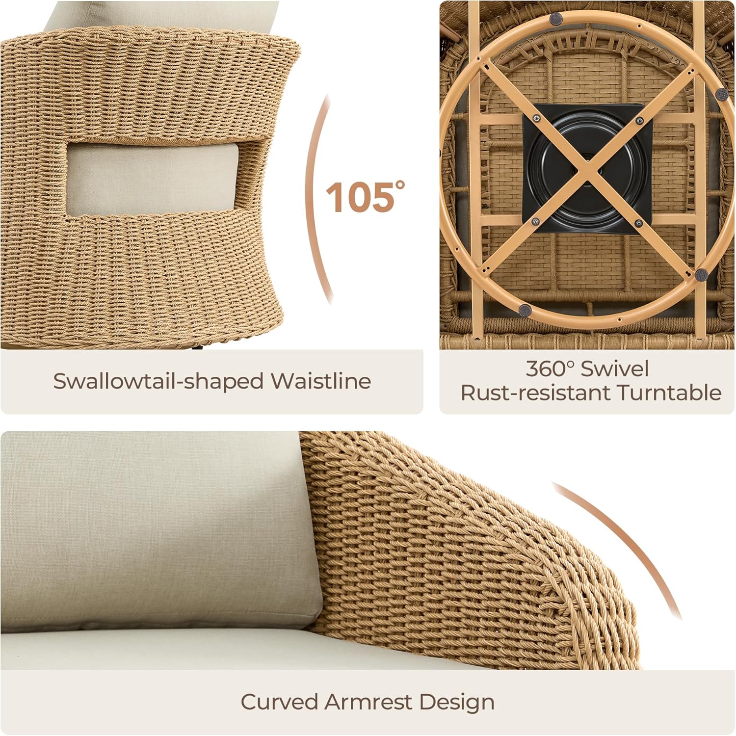 CHITA 3 Pieces Wicker Patio Bistro Set, Outdoor Rattan Furniture Set with 2 Pieces Thickened Cushion Swivel Chairs and Side Table for Backyard, Poolside, Garden or Porch, Fully Assembled