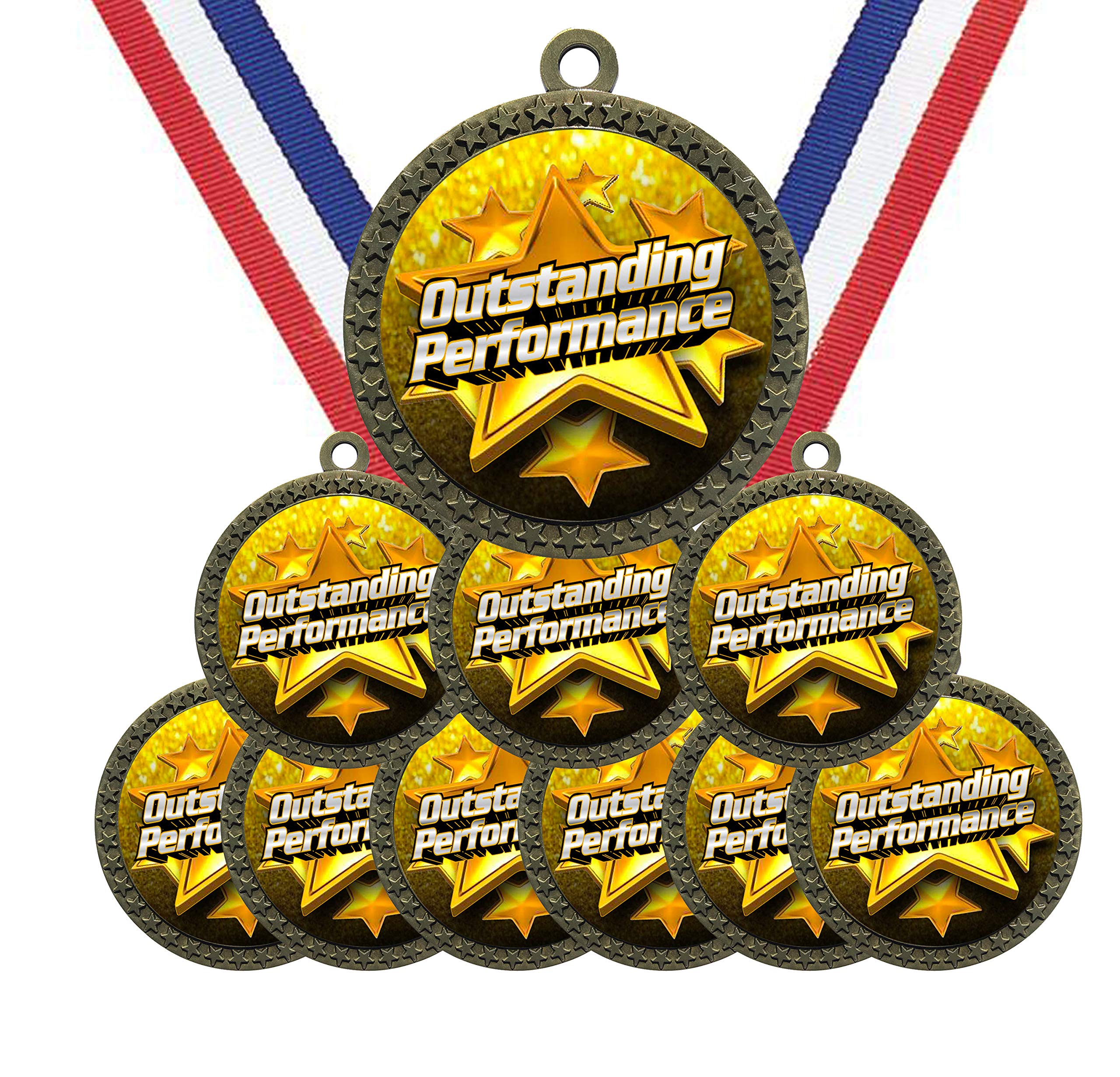 Large 2-1/2 inch Diameter Metal Antique Gold Outstanding Performer Performance Medals Star Award Trophy Champion Winner with Red White and Blue Neck Ribbons (Pack of 10)