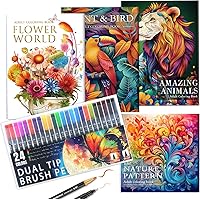 apolyone Adult Coloring Book Set for Stress Relief: 4 Books 128 Patterns Animals Flowers Birds Nature + 24 Dual-Tip Markers