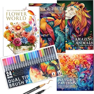 apolyone Adult Coloring Book Set for Stress Relief: 4 Books 128 Patterns Animals Flowers Birds Nature + 24 Dual-Tip Markers