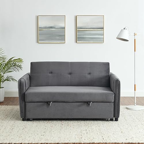 Miniatura 10 de Deolme Sofá cama convertible 3 en 1, moderno sofá biplaza de terciopelo con bolsillos laterales de almacenamiento y almohadas, sofá biplaza pequeño