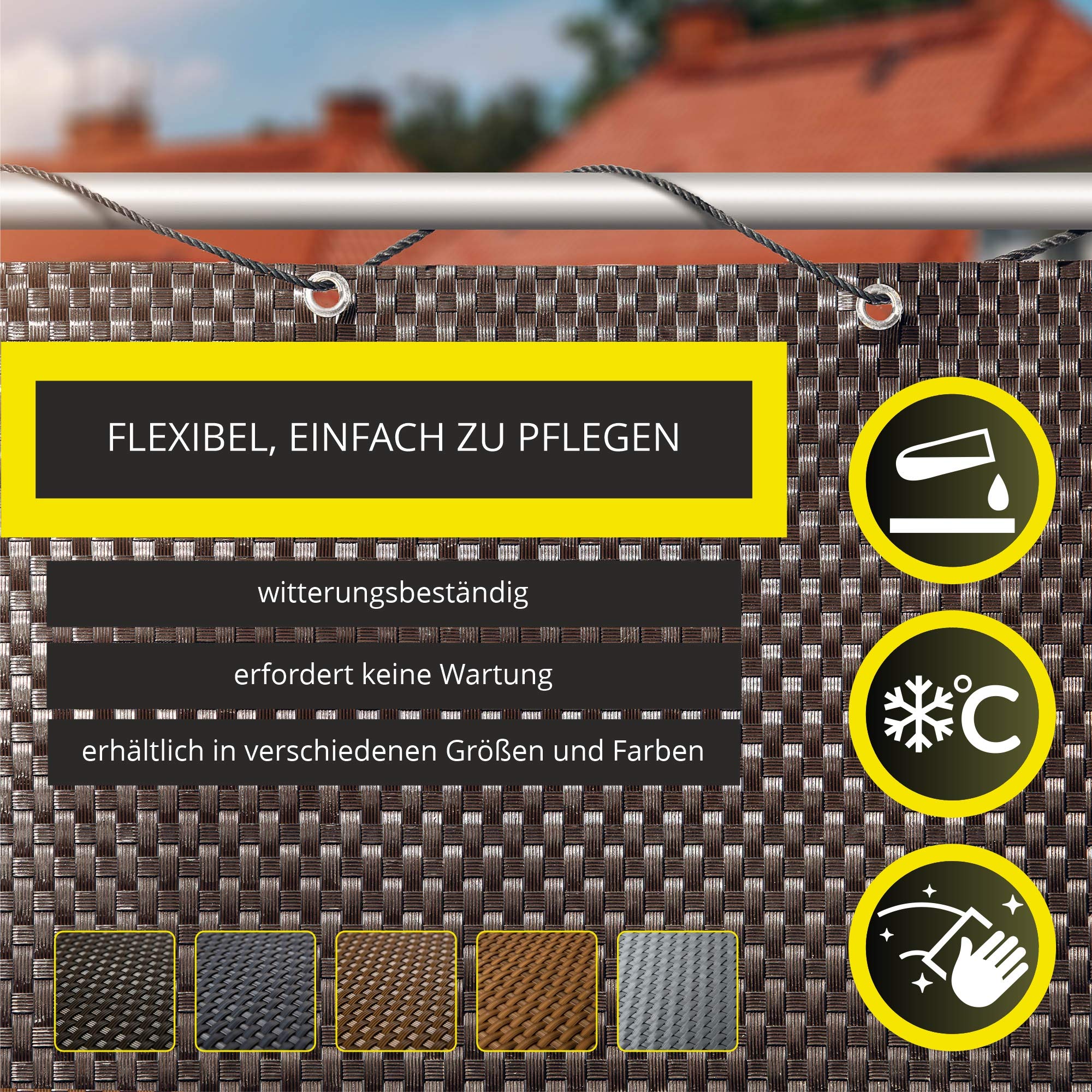 KADAX Sichtschutz für Balkon, Terrasse, Zaun, wetterfeste Sichtschutzmatte aus PE-Rattan, Balkonbespannung mit Kabelbinder, Sichtschutzzaun, Balkonverkleidung, Windschutz (1 m x 5 m, dunkelbraun)