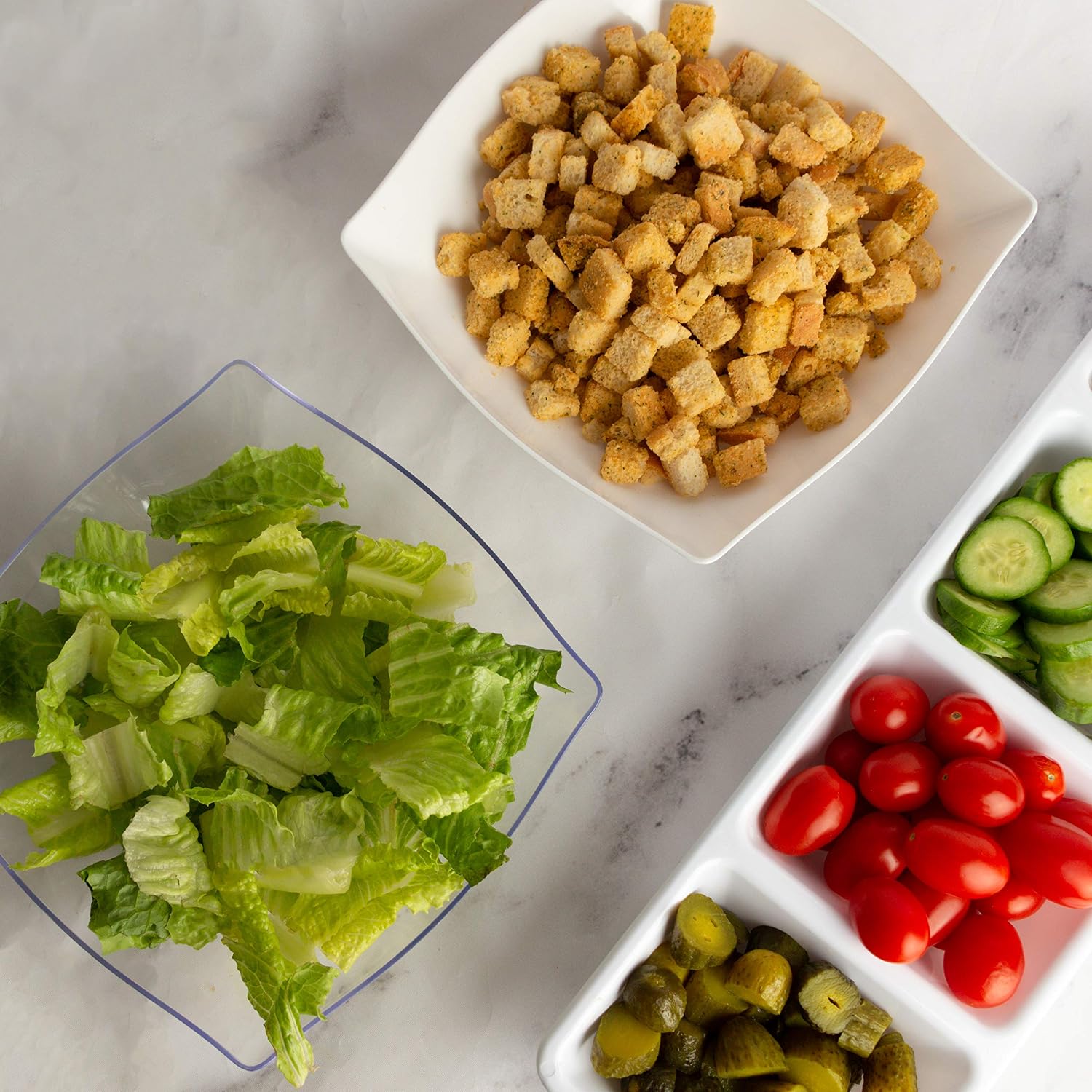 PARTY BARGAINS 32oz Square Plastic Bowls - 5 Pack, Clear, Heavy Duty Shatterproof Disposable Fancy Serving Bowls, Premium Quality Salad Bowls for Weddings, Baby Shower, Party Snack