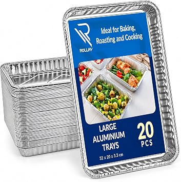 Rollay 20 Pack Large Aluminium Foil Trays 32x20x3.3 cm - Tin Foil Trays Containers for Cooking, Baking, Broiling, Roasting, BBQ, and Party