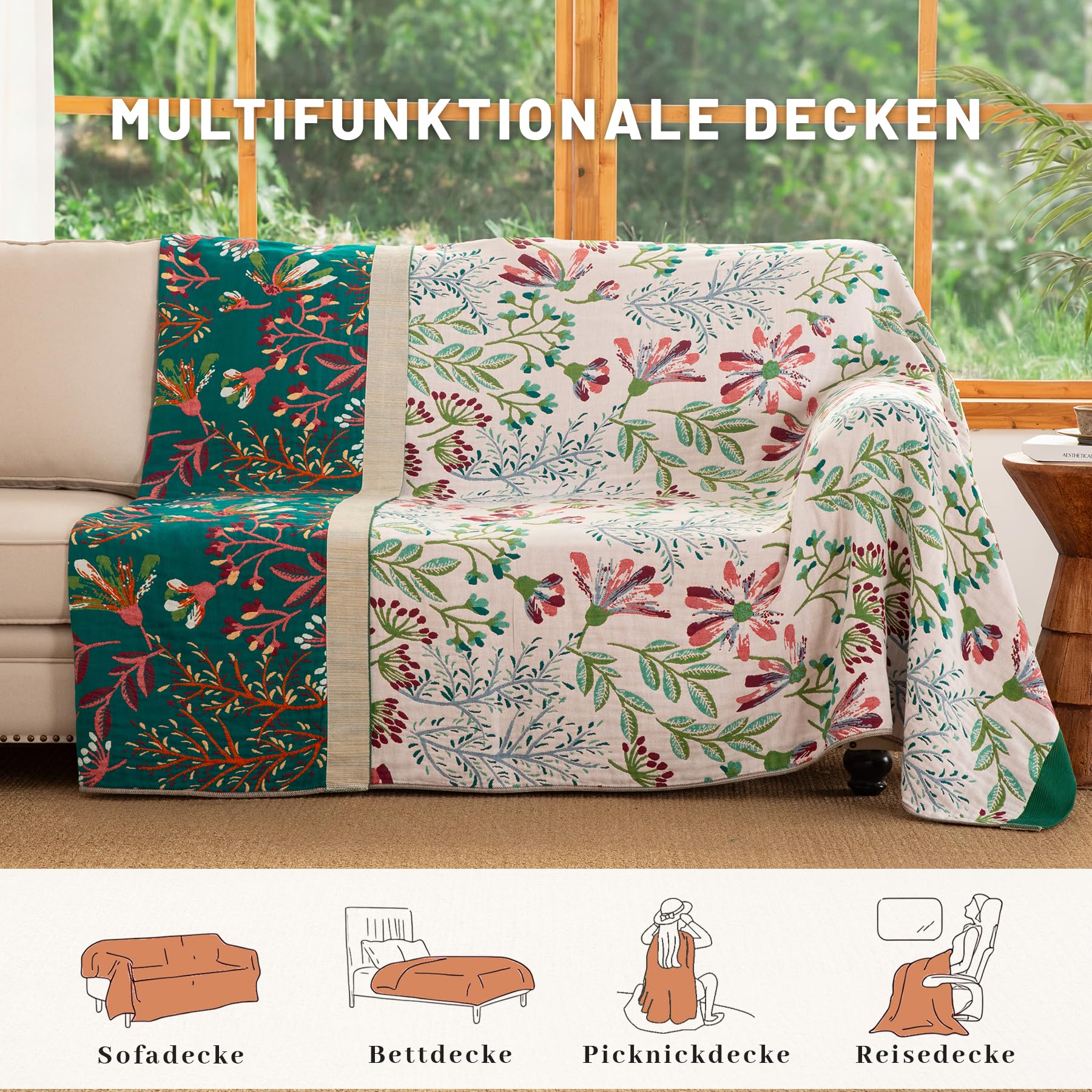 Premium Boho Tagesdecke 200x230cm, 100% Baumwolle Doppelseitige Musselin Decke, Kuschelige Sofadecke & Bettüberwurf, Atmungsaktiv für Wohnzimmer und Schlafzimmer