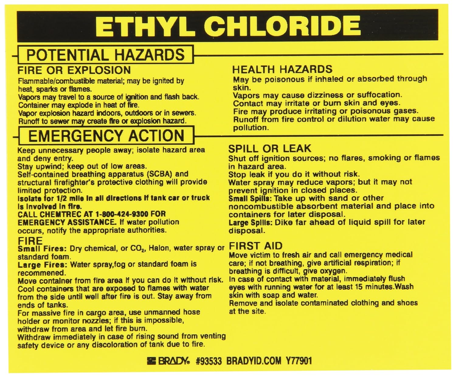 Brady 93533 Vinyl Hazardous Material Label , Black On Yellow, 3 3/4" Height x 4 1/2" Width, Legend "Ethyl Chloride" (25 Labels per Package)