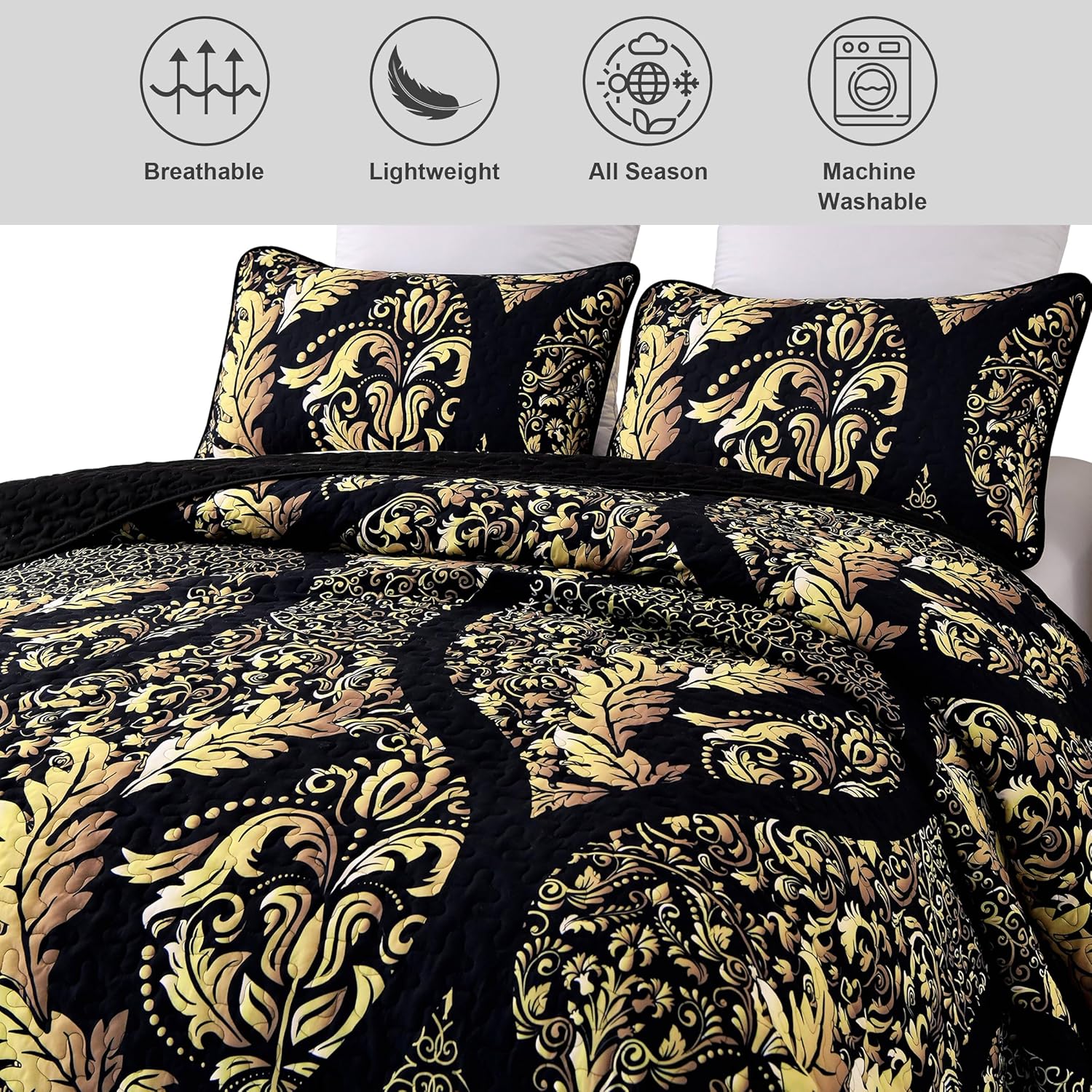 Black Quilt Set King Size, Boho Gold Damask Bedspread Coverlet Set Soft Lightweight Microfiber Bedding Set 3 Pieces for All Season (104"x90")
