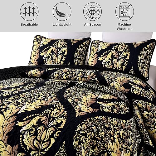 Miniatura 4 de DJY Juego de edredón negro tamaño King, juego de colcha de damasco dorado bohemio, juego de ropa de cama de microfibra suave y ligera de 3 piezas