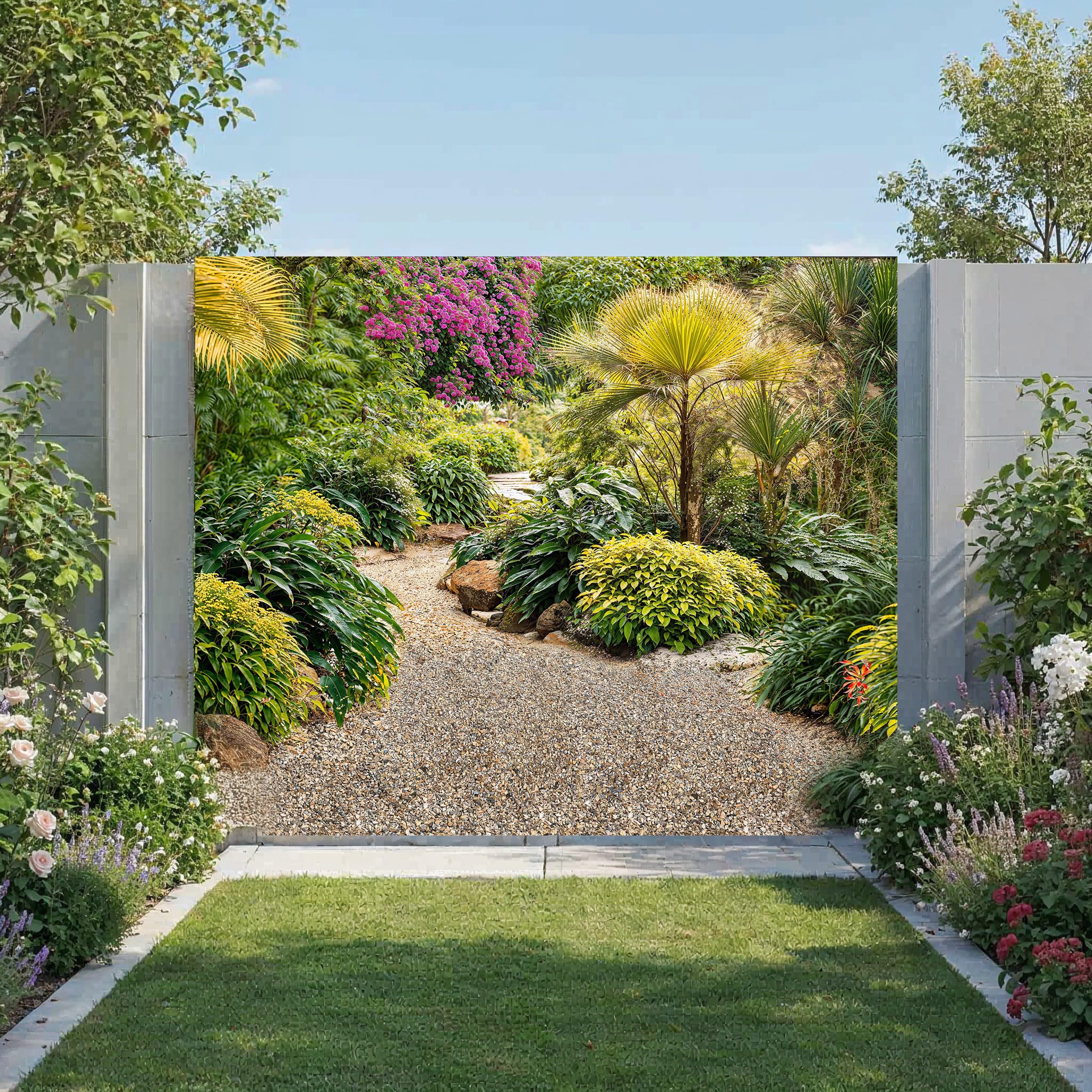 Sabrikas Let Your Creative Spirit Run Free Green, Magenta, Orange Lush Herbaceous Border Garden Mural, Tapestry & Curtain Waterproof Outdoor Wall Hanging, Tropical Gravel Path Wall Art & Fence Decor W70.87 Inches X H70.87 Inches