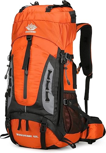 Esup Mochila de senderismo 60L para hombres Mochila de camping con cubierta de lluvia Mochila ligera Mochila de viaje, Naranja, Mochilas de viaje