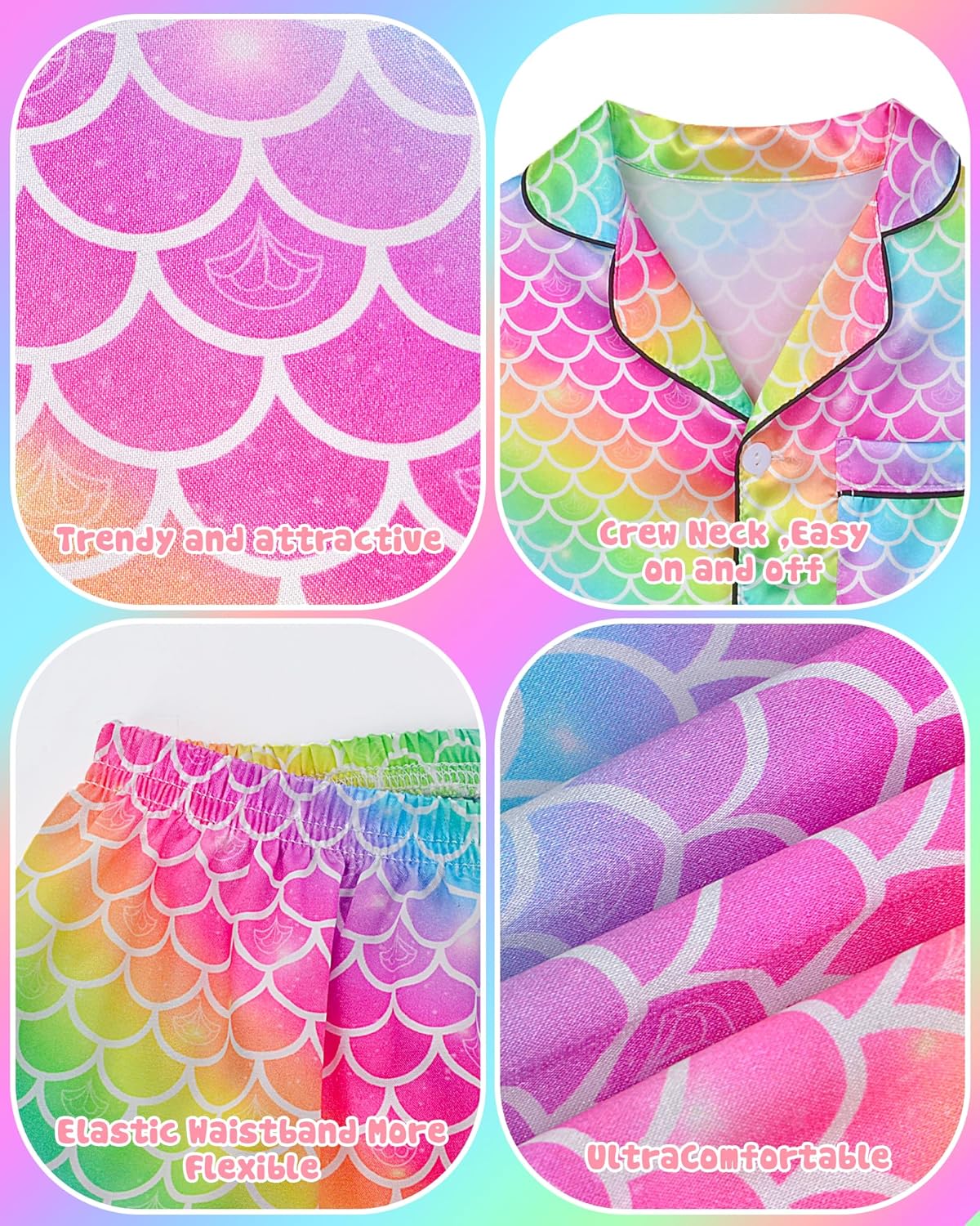 Sylfairy Girls Satin Pajamas Silk PJS Set Rainbow Unicorn Sleepwear Short Sleeve Long Pants Jammies for Toddler Kids - Image 5