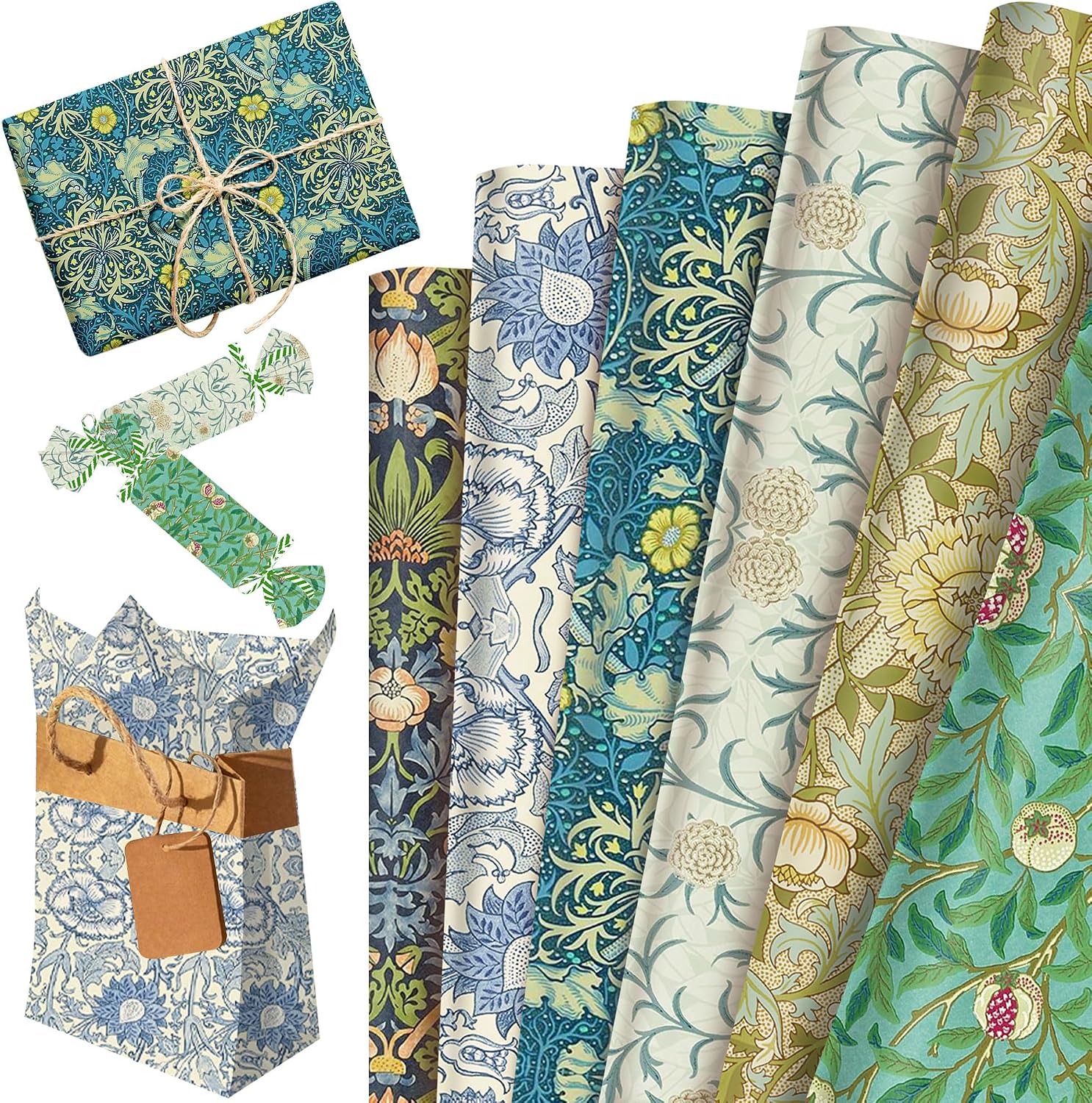 Thirty and Thirsty 12 Sheets Green Floral Wrapping Paper William Morris Gift Wrap Paper Nature DIY Crafts Tissue Papers Packaging William Morris Bridal Shower Birthday Party Supplies Favors