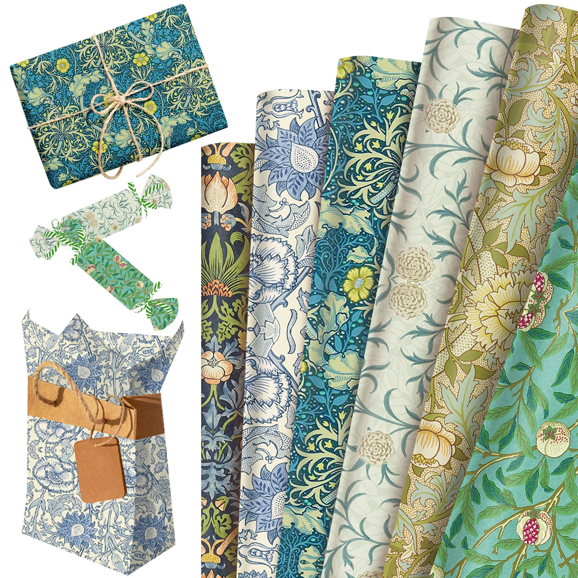 12 Sheets Floral William Morris Wrapping Paper Greenery Gift Wrap Papers Decorative Art Paper for DIY Crafts Birthday Bridal Shower Wedding Party Favors Supplies