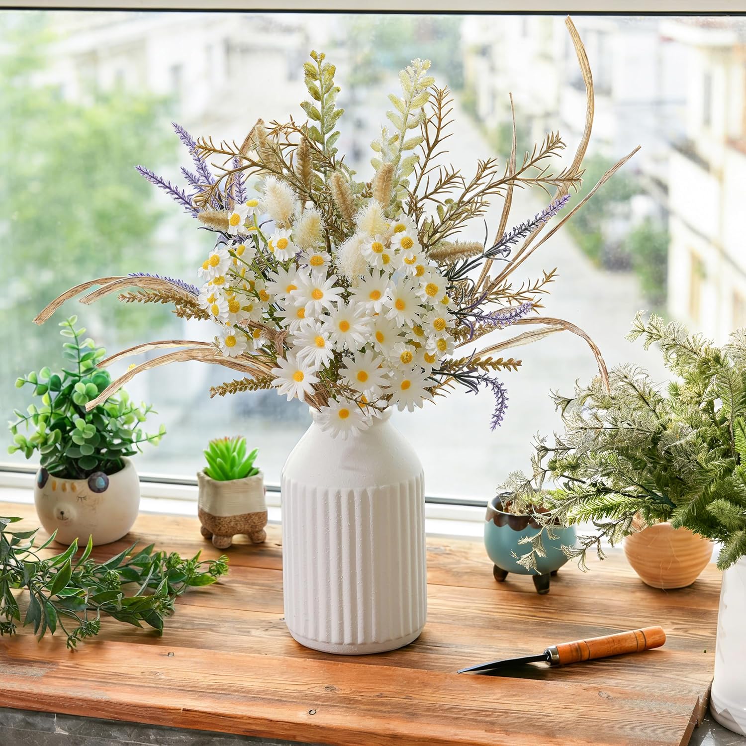 Artificial Flowers with White Ceramic Vase – Spring Farmhouse Floral Centerpiece Table Decorations, Faux Lavender & Daisy Flower Arrangement for Coffee Table, Dining Room, Living Room & Home Decor