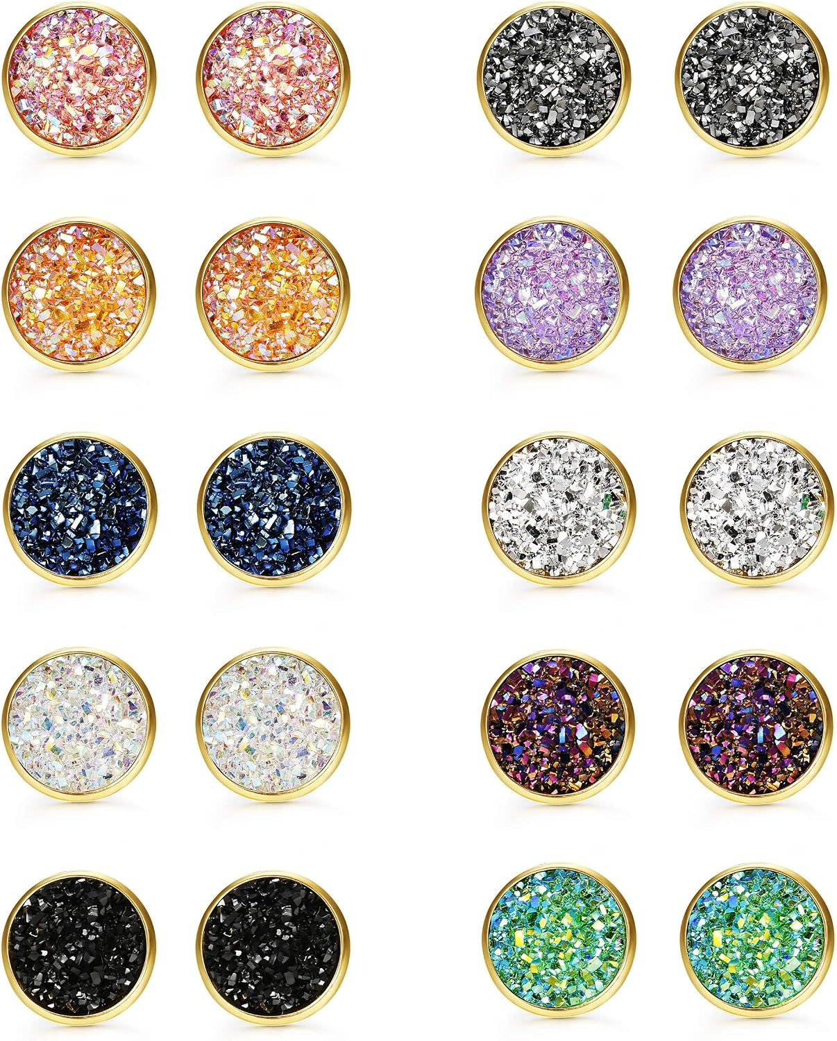FUNRUN JEWELRY 10 Pairs Druzy Stud Earrings Set for Girls Women Hypoallergenic Round Earrings Pierced