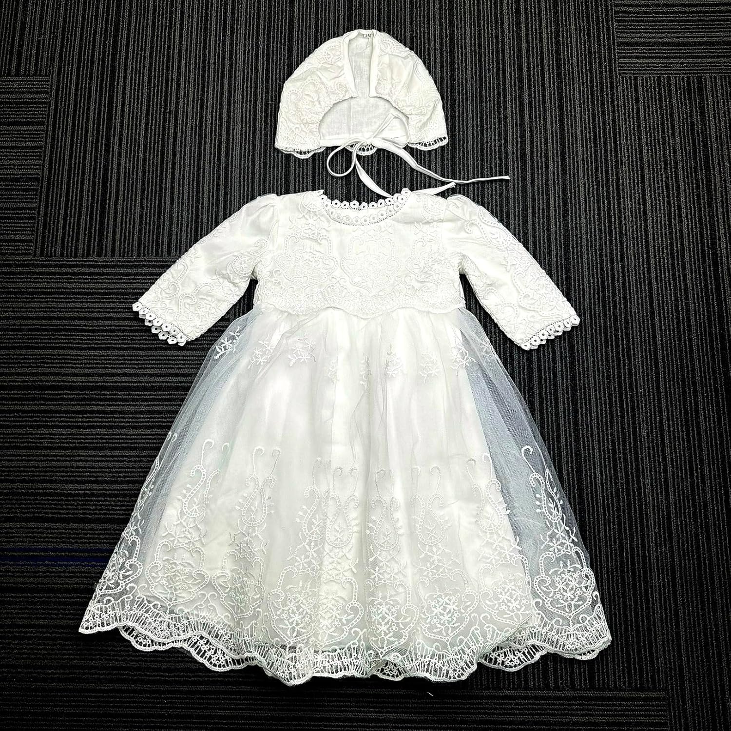 Baby Girls Long Sleeve Christening Dress Classic Embroidered Baptism Tulle Dress