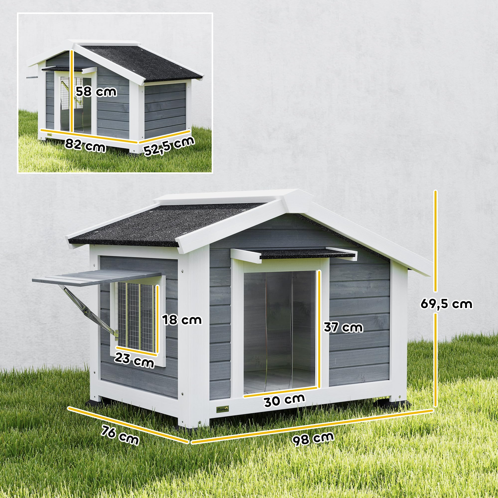 PawHut Hundehütte Wetterfest für Mittelgroße Hunde 98 x 76 x 69,5 cm Grau | Hundehaus aus Holz, Herausnehmbarer Boden, Asphaltdach, Öffnendes Fenster, Türvorhang, bis 20 kg, Indoor Outdoor