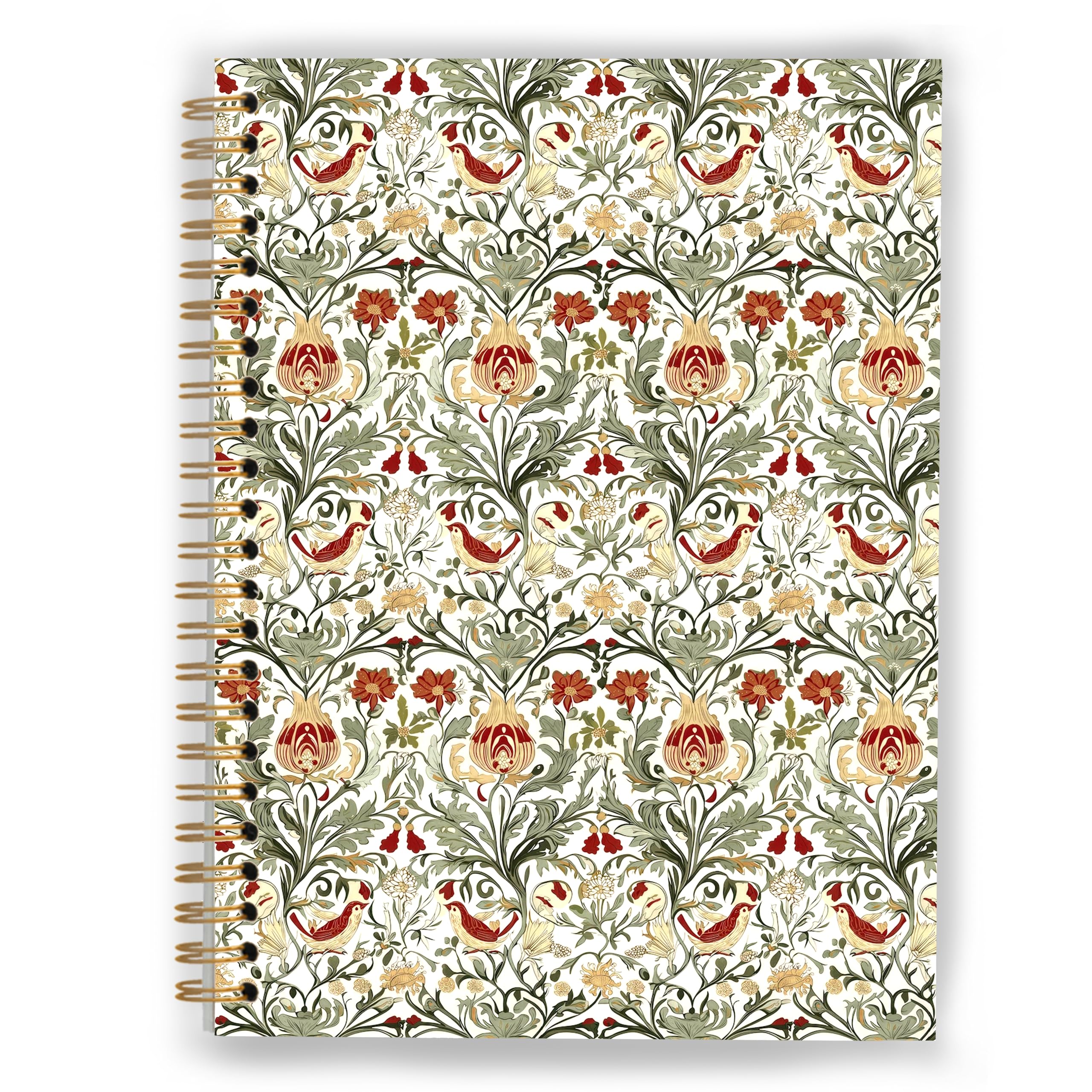 XUNLURY William Morris Floral Notebook, Vintage Botanical Bird Journal, Aesthetic Red Floral Notebook for Women, Hardcover Spiral Notebooks 5.5x8.3 Inch