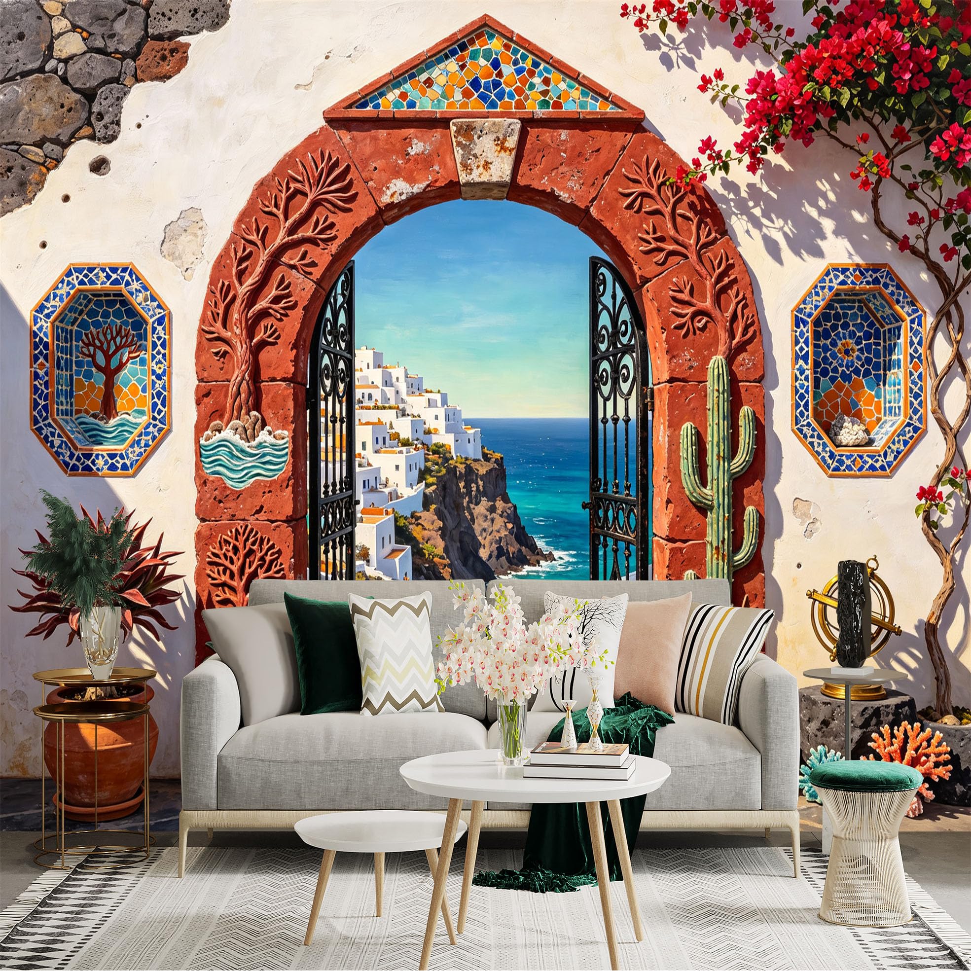 Custom Size Wall Sticker Mural， Mediterranean Coastal Archway， Ocean Cliff Village， Mosaic Doorway， for wall Decoration， peelandstick wall Decals.
