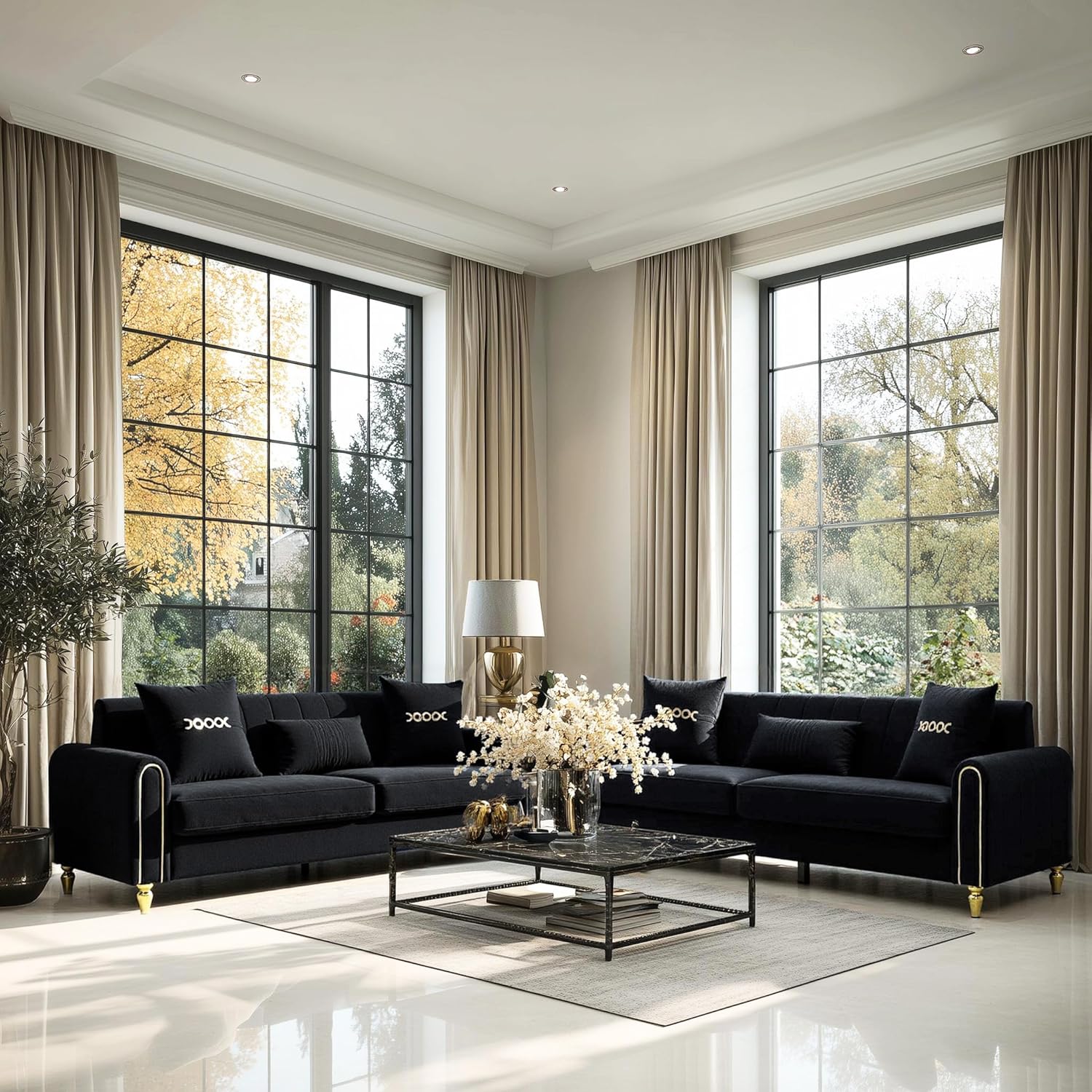 87.5" Modern 3-Seater Velvet Couch with Metal Legs & Decorative Pillows, High Resilience Sponge Spring Seat, Luxury Sectional Loveseat Sofa for Living Room Apartment Small Space Black