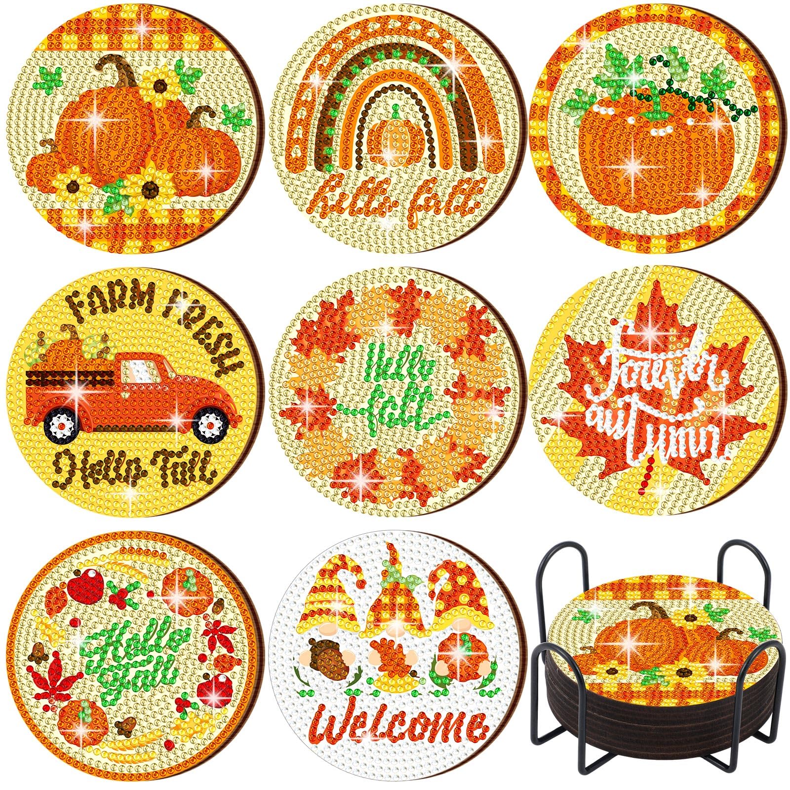 Shellwei8 Pcs Fall Thanksgiving Diamond Painting Coasters Hello Fall Diamond Art Coasters with Holder Orange Pumpkin Maple Leaf Diamond Painting Kits Truck Gnome Diamond Coaster for Adults Kids Gifts