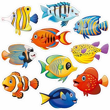 50 PCS Tropical Fish Cutouts, Double-Sided Printing Fish Sea Animal Accents Cut-Outs Bulletin Board Classroom Decoration in 10 Designs Ocean Themed Party Supplies for Kids Teacher Student