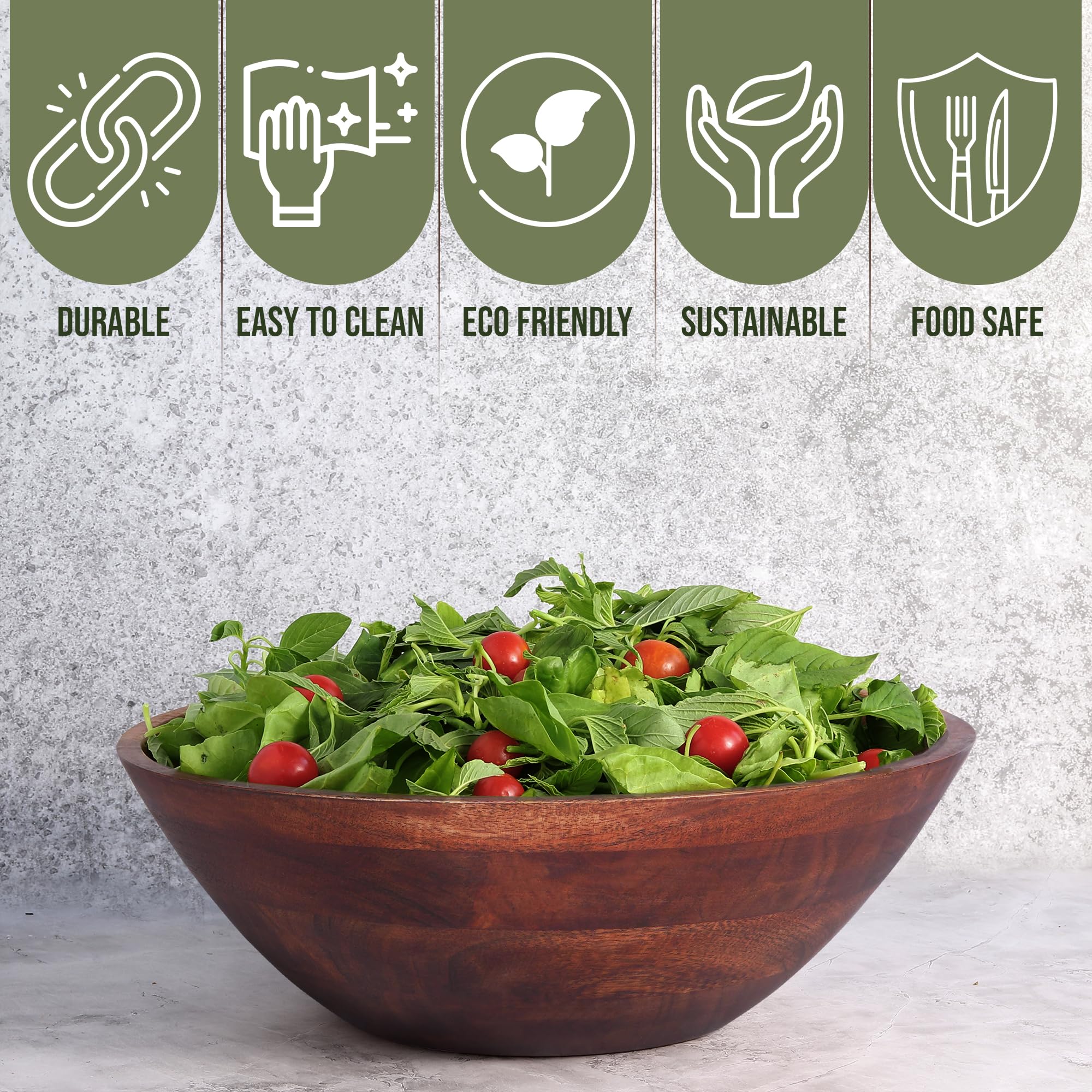 Luxe Designs Juego de ensaladeras de madera, cuenco decorativo seguro para alimentos y sostenible, cuenco de madera para frutas y ensaladas, juego de cuencos grandes fáciles de limpiar con cuchara,