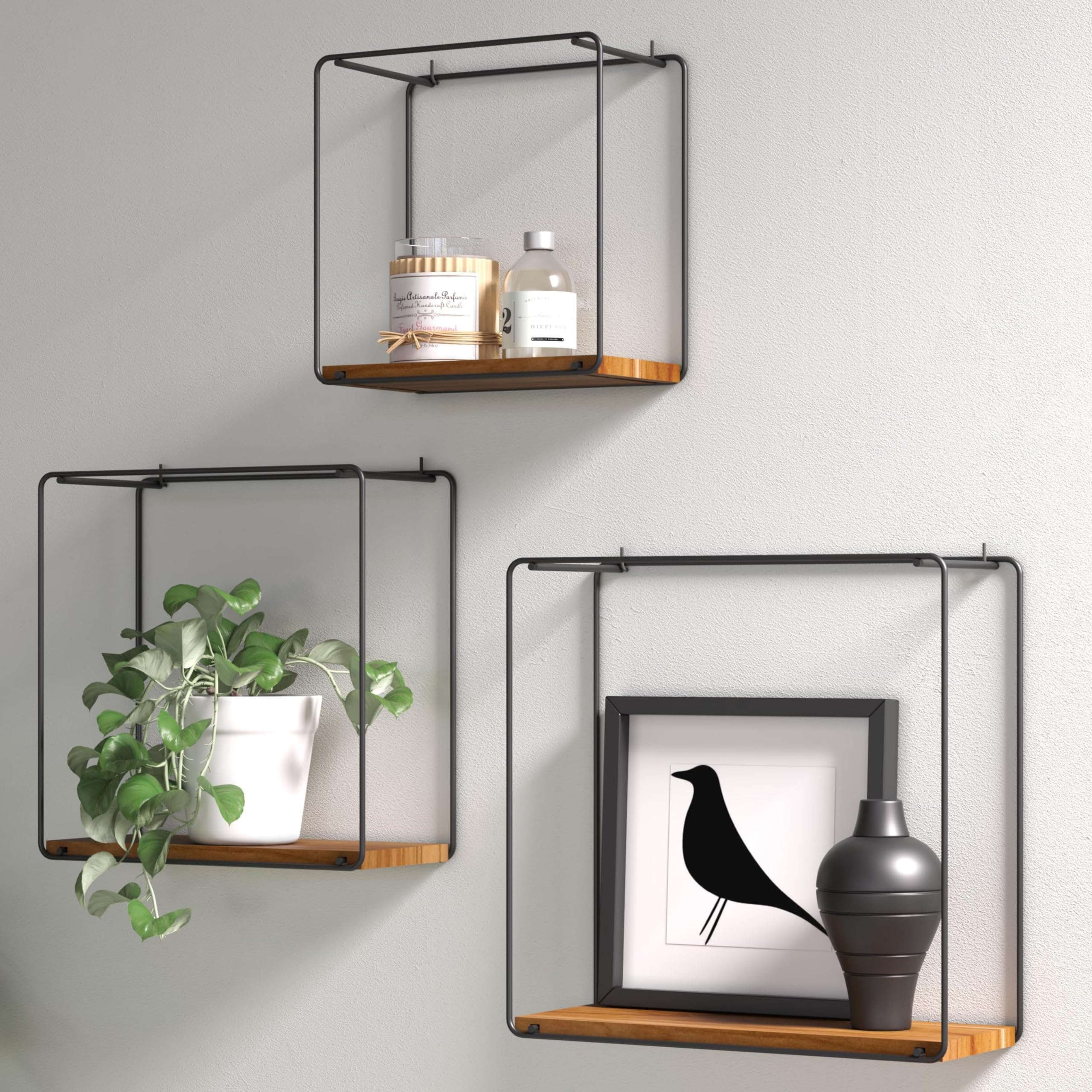 Erreke Estanterias de Pared, Baldas Pared, Madera de Teca Brasilera Auténtica Real, 3 Tamaños Diferentes Cocina Salon Baño Decoracion Libros Almacenaje, Marco Metal Color Negro Mate