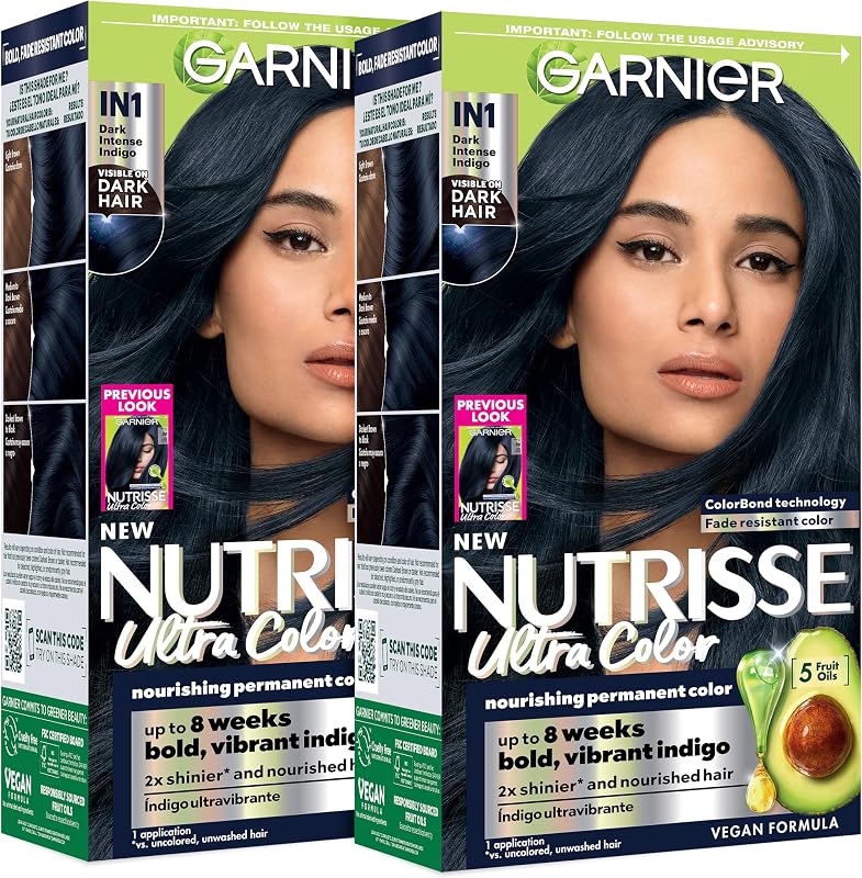 Garnier Hair Color Nutrisse Ultra Color Nourishing Creme, IN1 Dark Intense Indigo (Midnight Iris) Blue Permanent Hair Dye, 1 Count (Packaging May Vary) (Pack of 2)