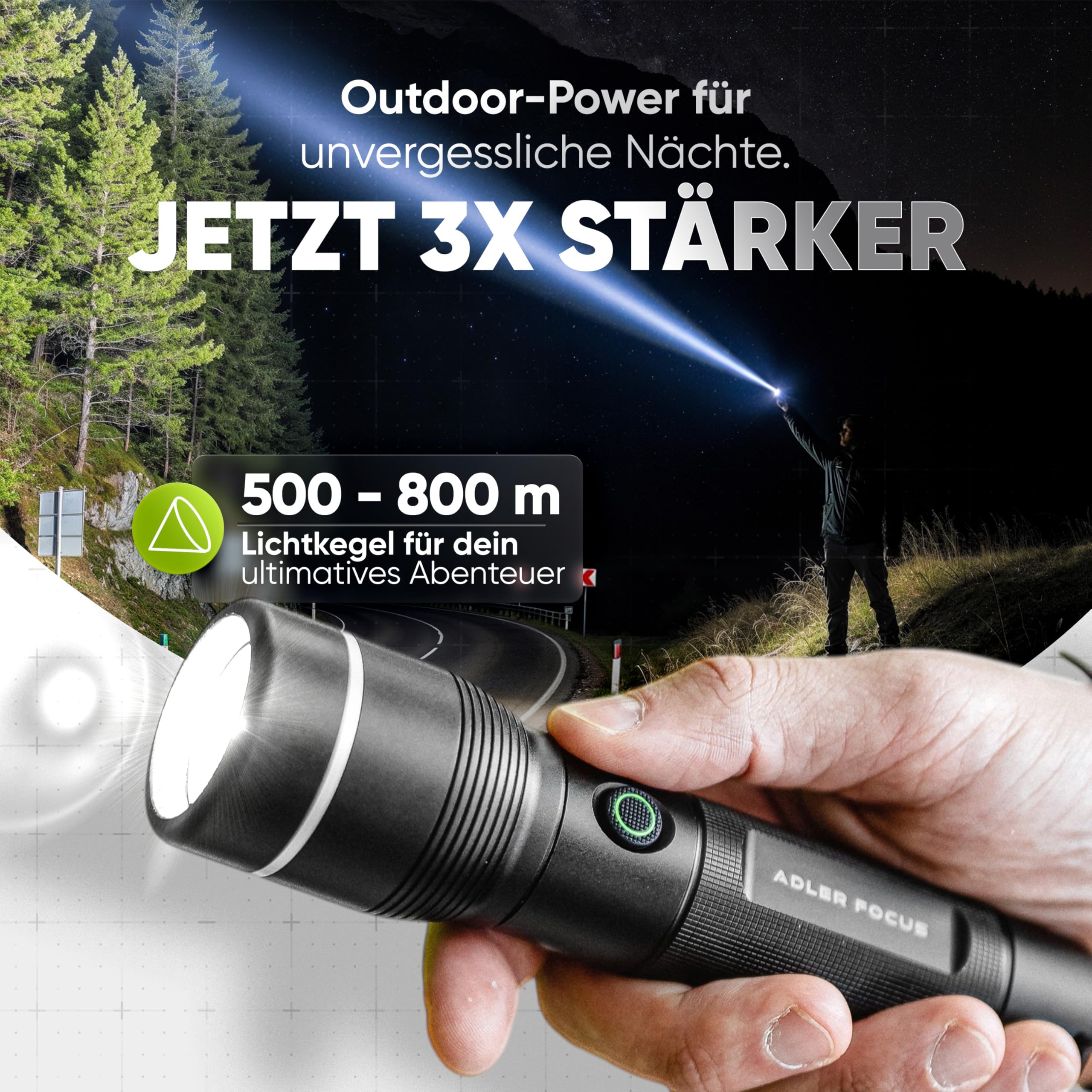 Lampe de poche | LED rechargeable 2000 lumens | Portée focale de 800 mètres | Durée d'éclairage de 28 heures | Pour camping, randonnée [Classe énergétique A]