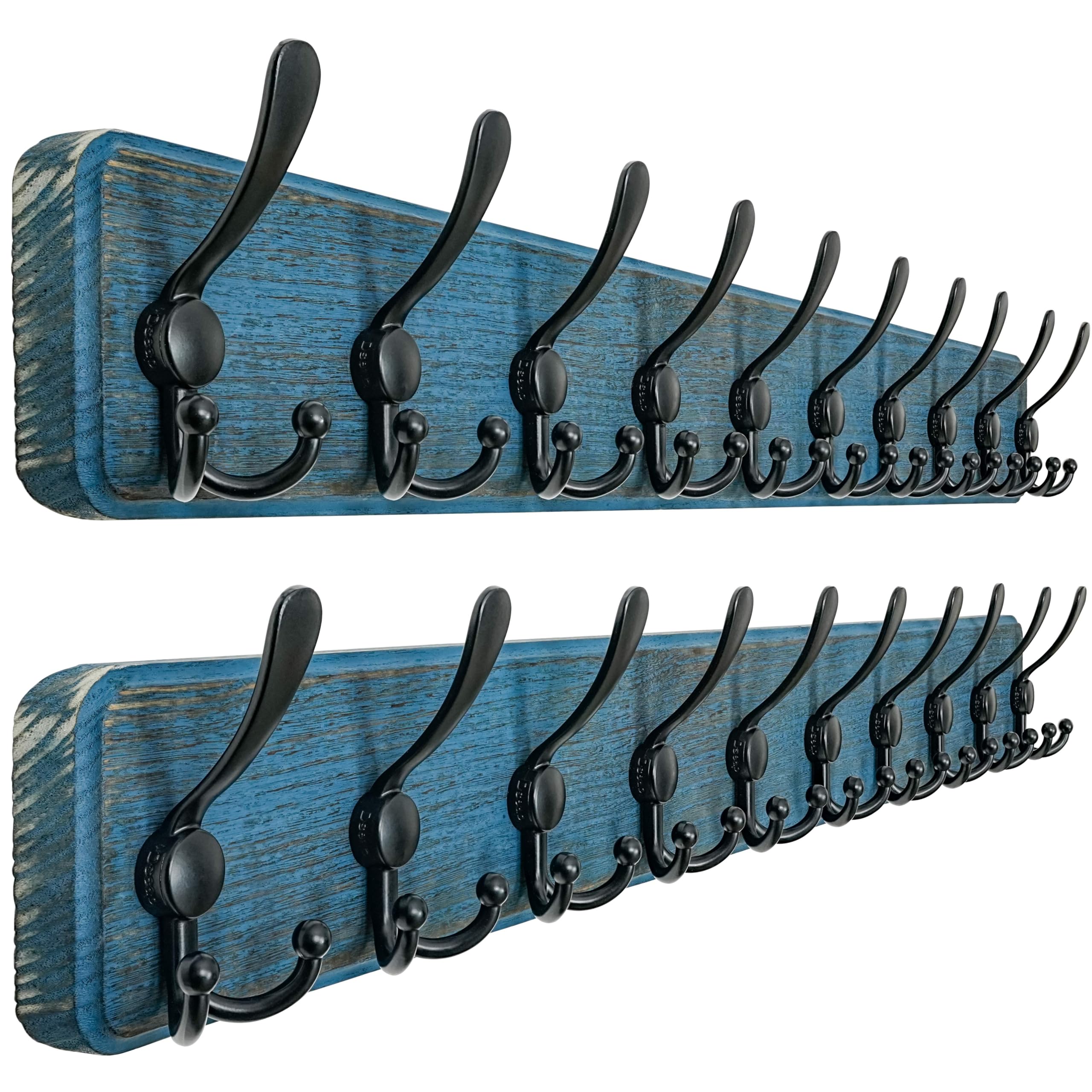 Dseap Coat Rack Wall - Heavy-Duty 97cm Long, with Reinforced 10 Custom Tri-Hooks, Solid Wood Wall Hanger for Coats Hat Jackets - Rustic Farmhouse Entryway Storage, Weathered Blue & Black, Pack of 2