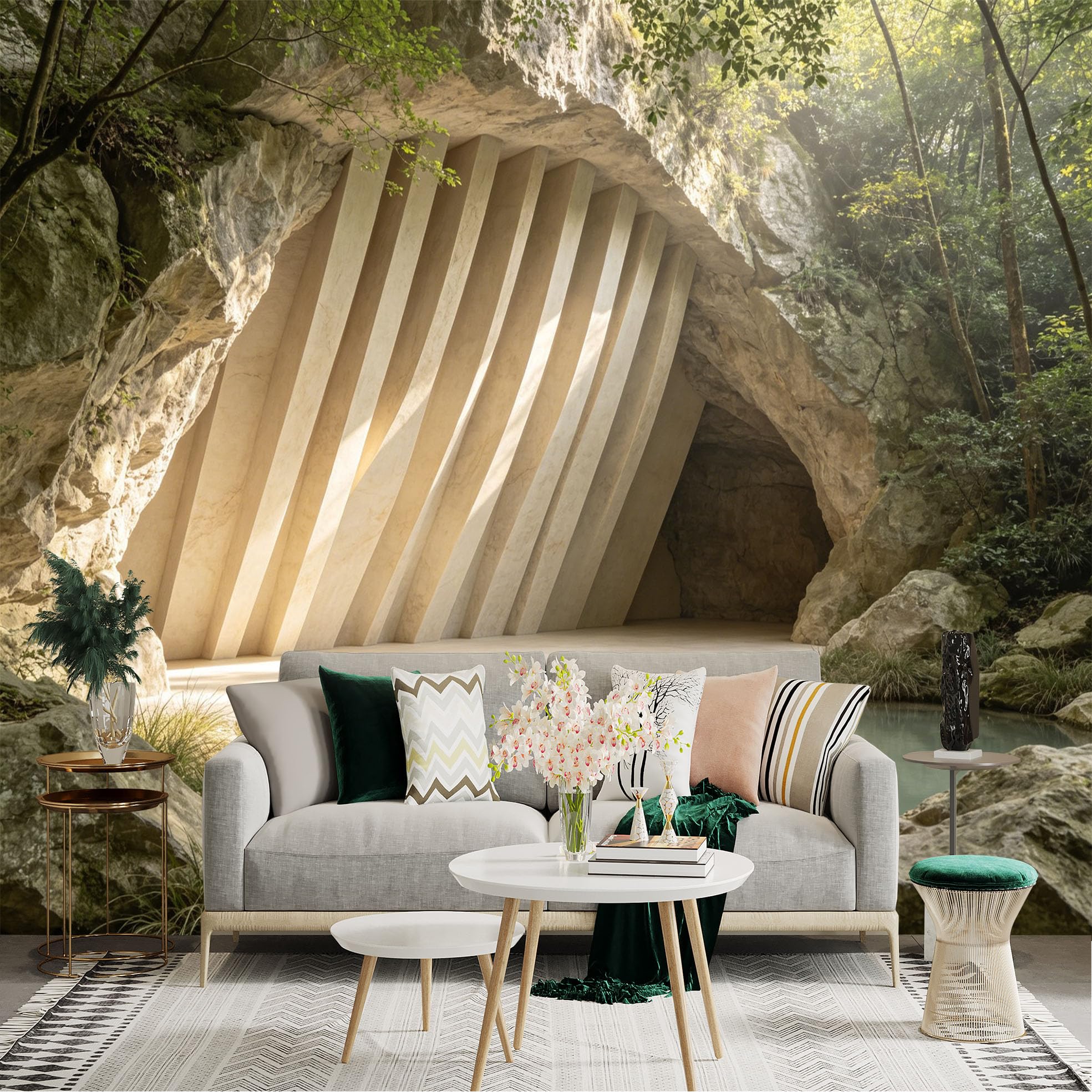 Lnzczhyre Dbh260521434 Custom Size Wall Sticker Mural， Modern Stone Cave Architecture， Serene Hidden Grotto， Tranquil Forest Pond， Architectural Wonder， For Wall Decoration， Peelandstick Wall Decals.
