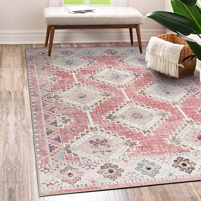Vernal Fresno Machine washable, Non Shedding, Non Slip Area Rug for Living Room, Bedroom, Dining Room, Hallway, Entryway and Kitchen - Pink/Beige, 120 cm x 180 cm