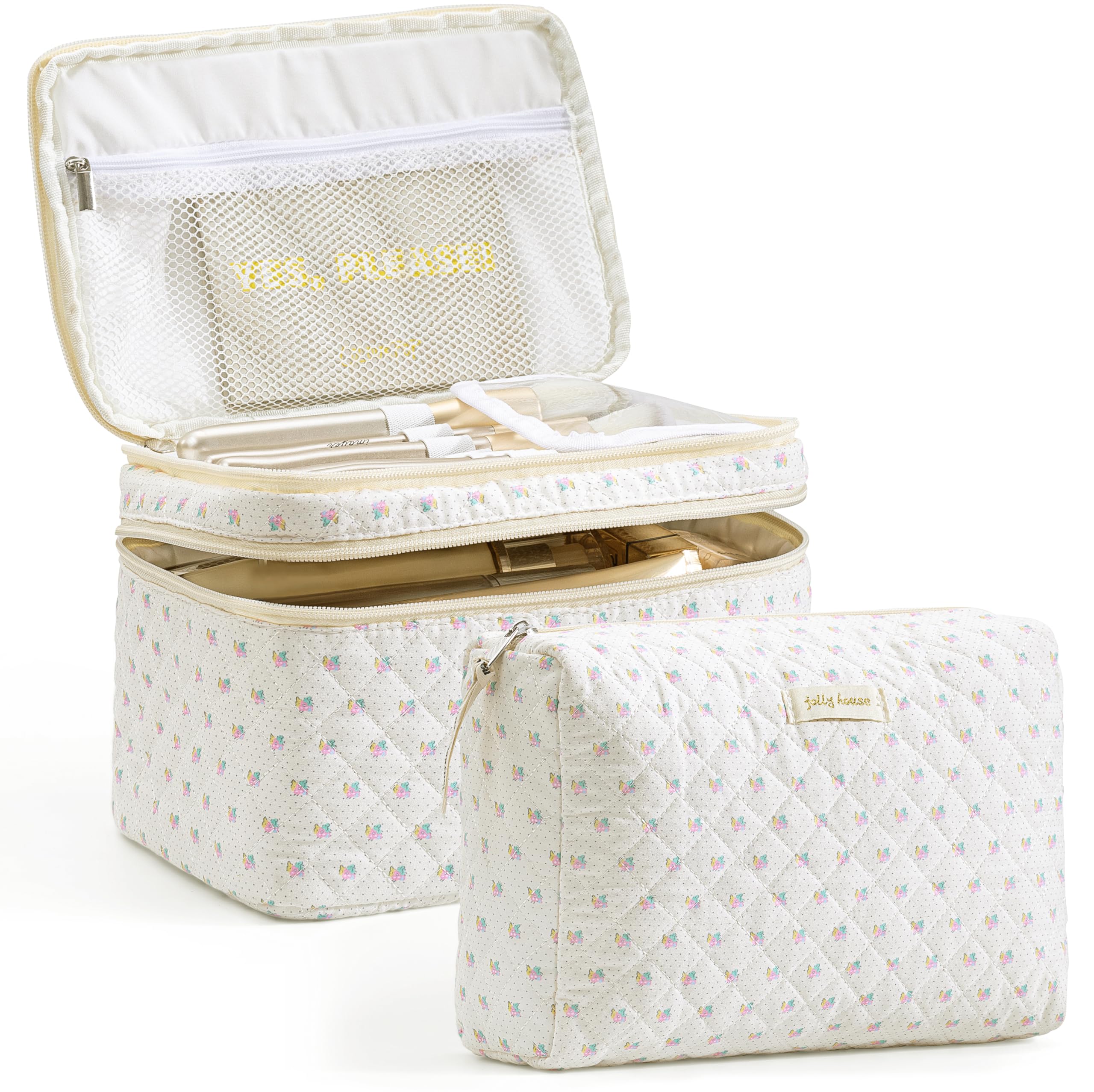 HBselect2Pcs Travel Makeup Bag, Large Cotton Quilted Makeup Bag Cosmetic Bag Cute Make up Bag Toiletry Bags for Women Girls