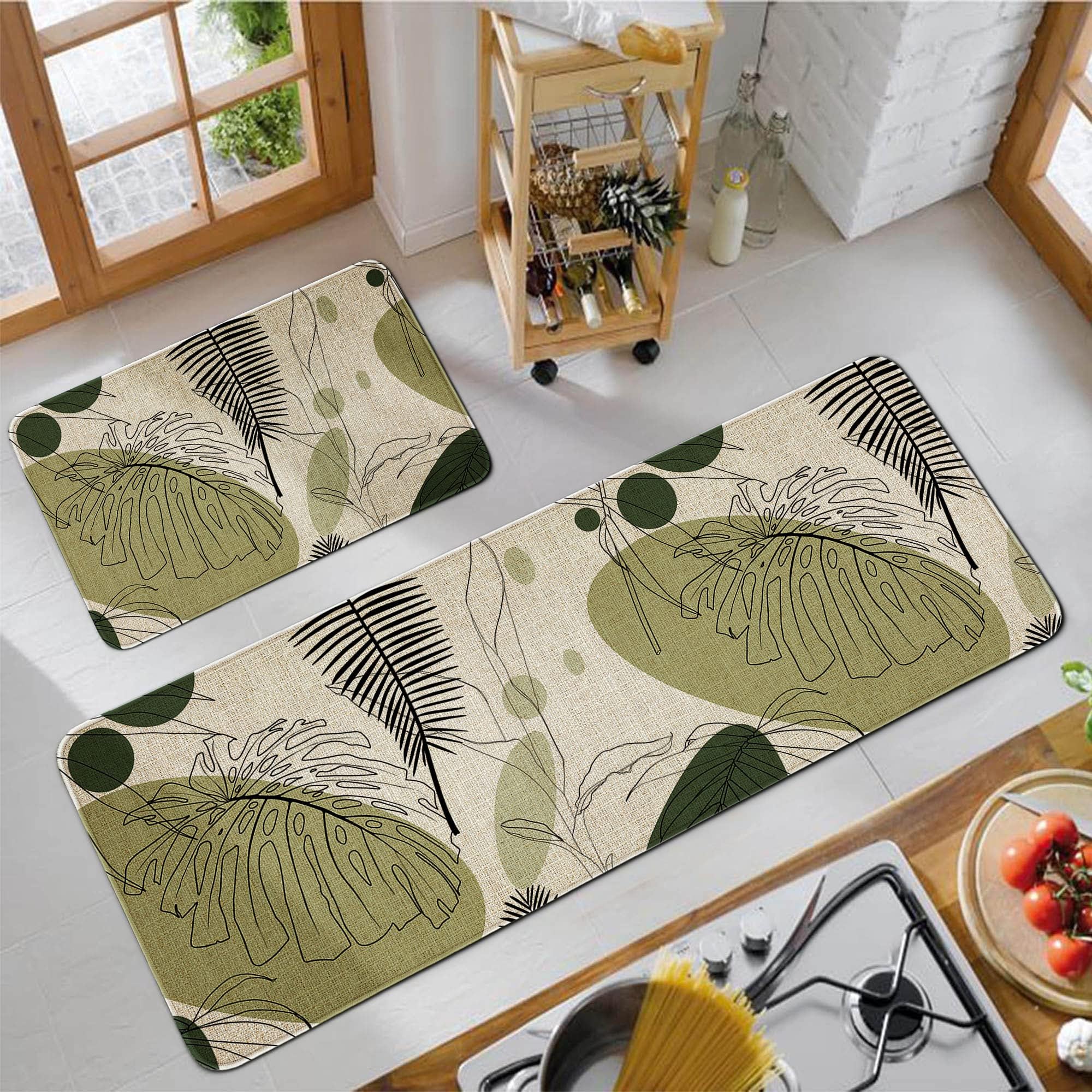 Sage Green Boho Kitchen Mats for Floor, boho Modern Abstract Geometry Beige Kitchen