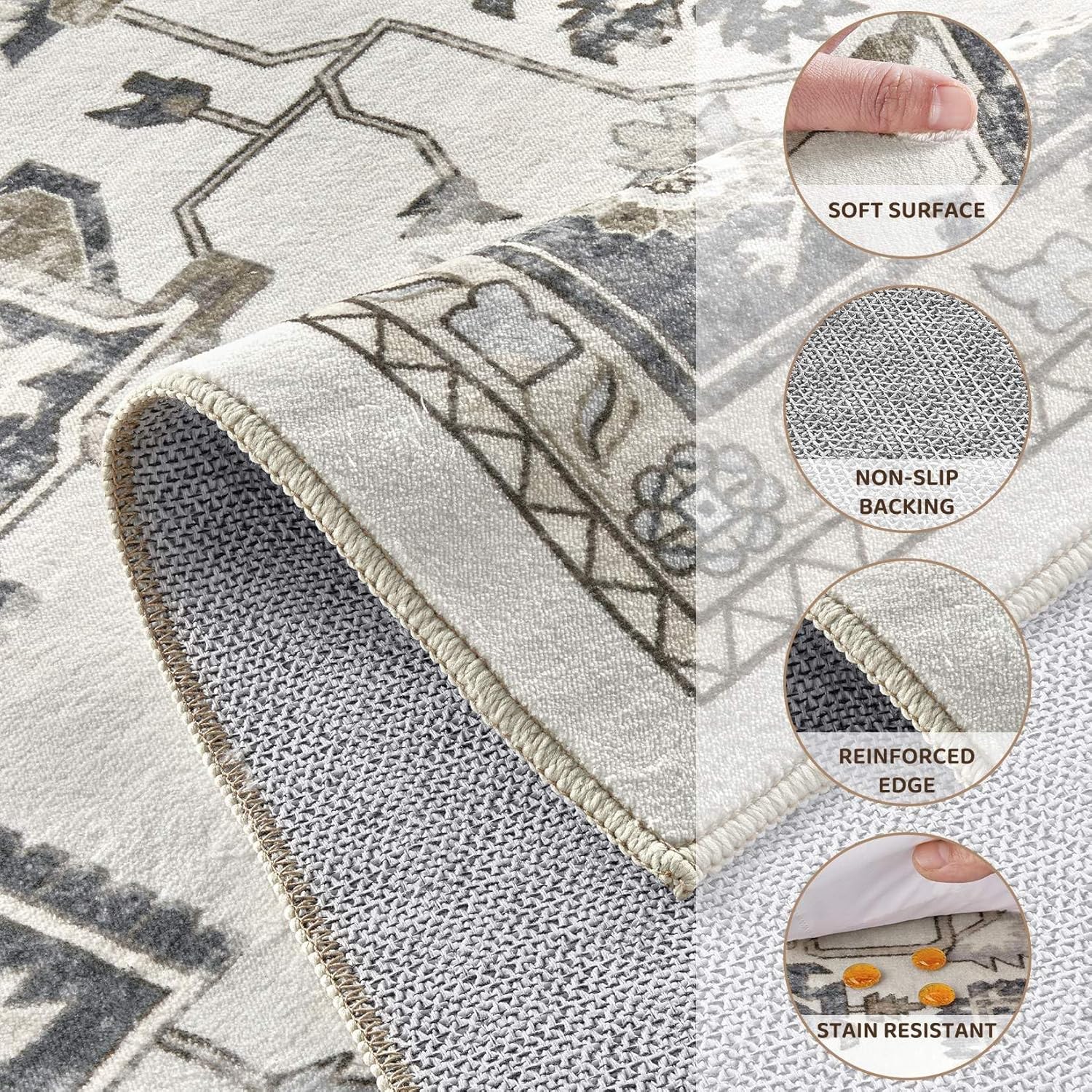 9x12 Washable Area Rugs for Living Room, Large Rug Non Slip Backing Vintage Distressed Stain Resistant Soft Low Pile Indoor Carpet for Bedroom Dining Room Kid & Pet Friendly-Heathered Grey