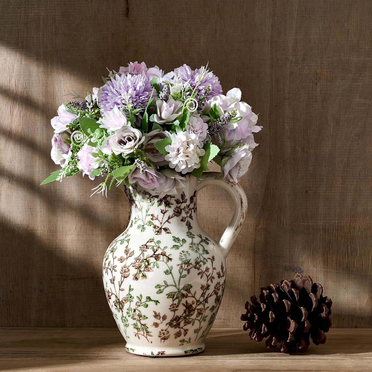 SIDUCAL Ceramic Vase with Handle, Vintage Vase, Chinoiserie Floral Vase for Home Decor, Table, Living Room, Shelf, Christmas Decoration (Green and Beige)