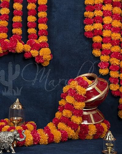 Vista 45 de Tira de flores artificiales Marubhumi, 5 unidades de 4,5 pies de largo, flores de caléndulas, guirnalda para decoración Diwali, decoración Amarillo