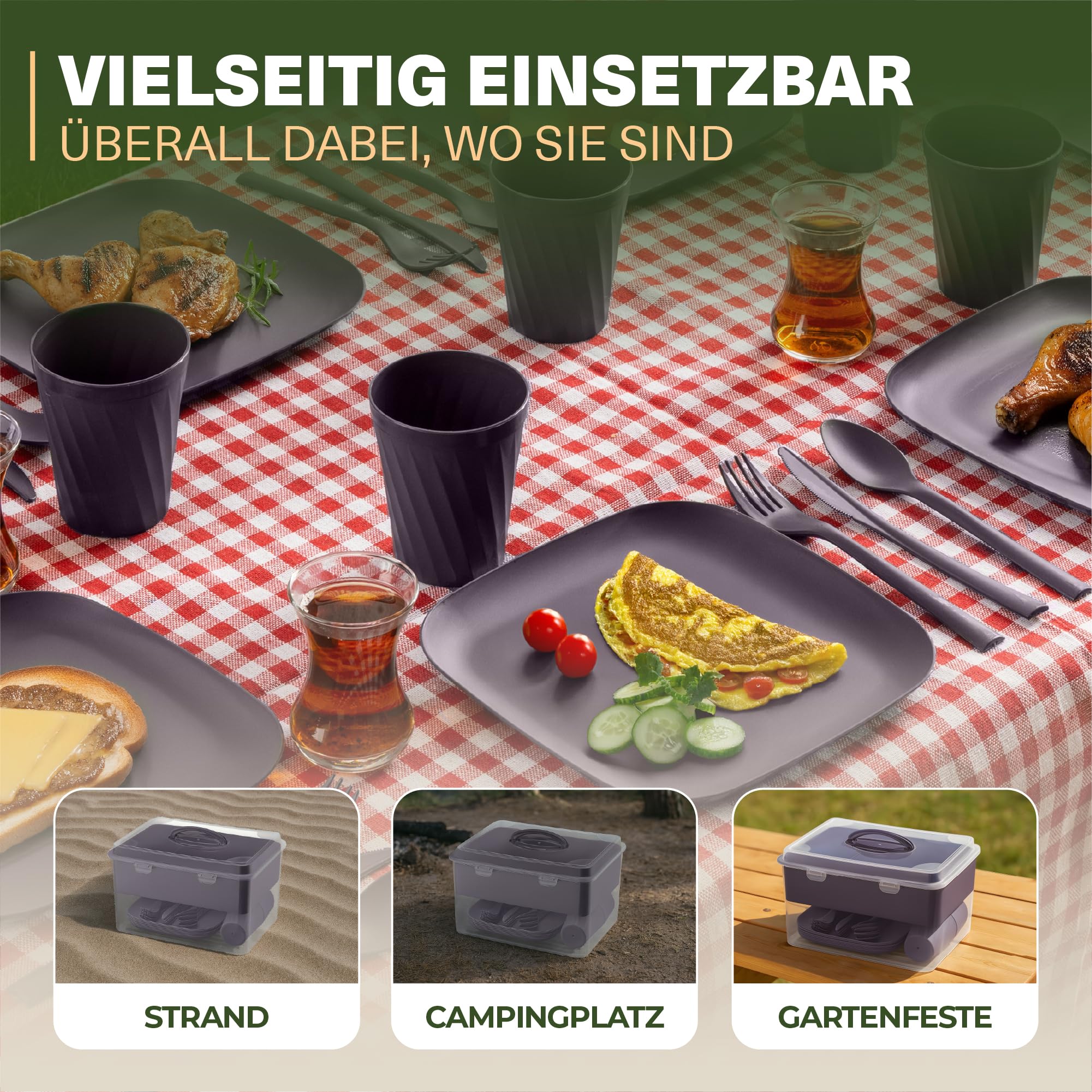 Viwares Picknick Geschirrset für 6 Personen – 33-teiliges Camping Set aus robustem Kunststoff – mit Tellern, Bechern, Besteck & Einsatz – BPA-freie Transportbox mit Tragegriff – Outdoor Picknickbox