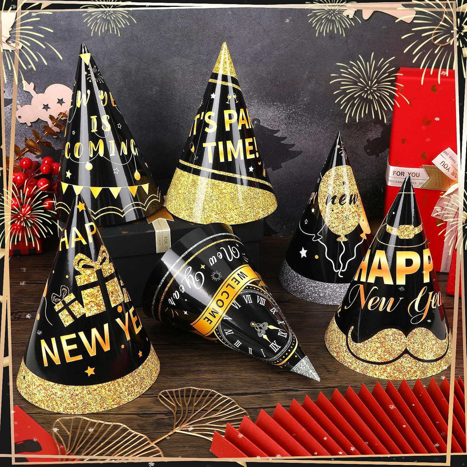 JUNEBRUSHS 24PCS Happy New Years Eve Party Hats, Adjustable Hats Paper Cone Hat for Decorations New Years Eve Party Supplies