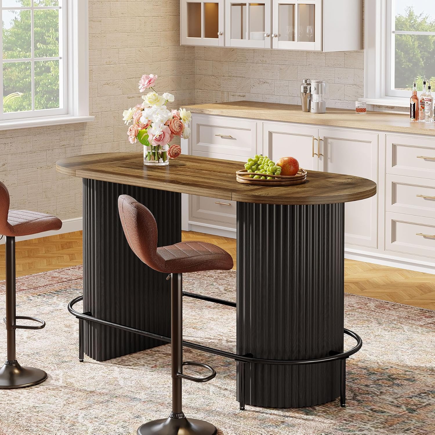 Tribesigns Bar Table, Modern Industrial Counter Height Pub Dining Table with Metal Footrest, Oval Home Bar Unit for Kitchen, Living Room & Dining, Black