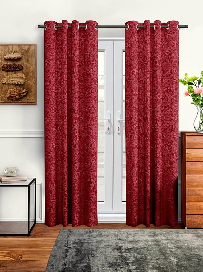 Cortina Polyester Damask Curtain Set with Grommets Machine Washable – Long Door Installation – Bedroom Living Room Kids Room Hall Kitchen Office – 9Ft Long Set of 2 – Maroon 4