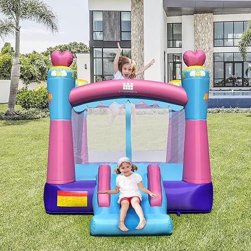 Miniatura 9 de HONEY JOY Casa inflable de rebote 3 en 1 con temática de princesa para niños con soplador, toboganes, castillo inflable para interiores y exteriores
