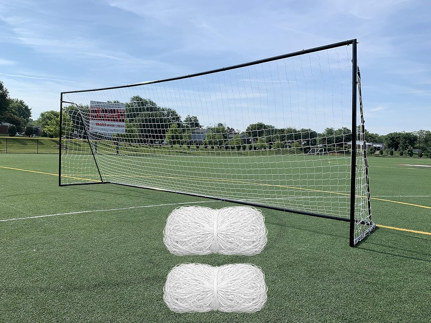 24 x 8 Ft.Regulation Size Soccer Goal w/Weatherproof HDPE Net. 50MM Diameter Industrial Grade Black Powder Coated Galvanized Steel. Portable 8x24 Foot Training Aid. ONE Year Warranty!