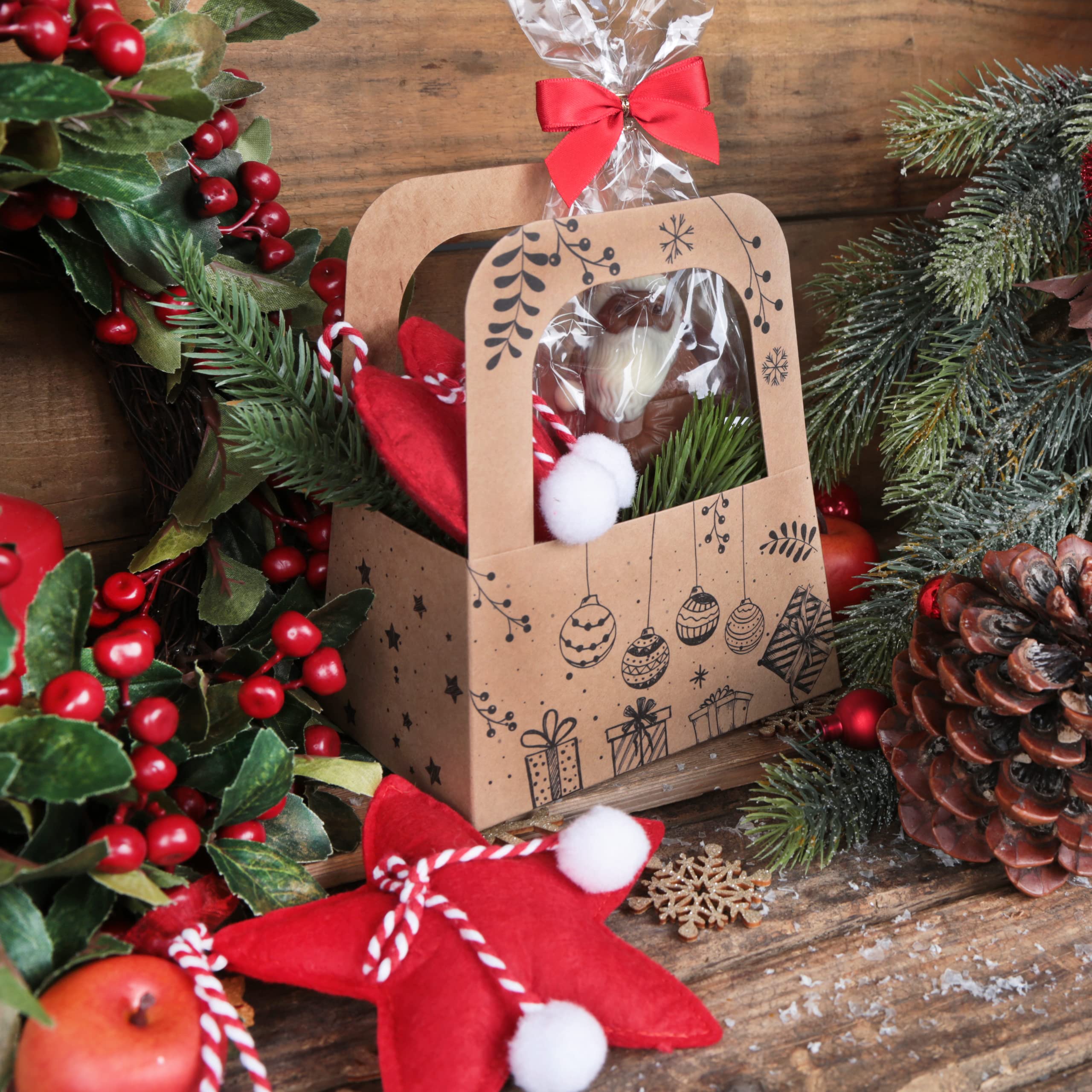 Logbuch-Verlag 25 cajas de Navidad con asa, embalaje de regalo, cesta para rellenar, 14,5 x 8 cm